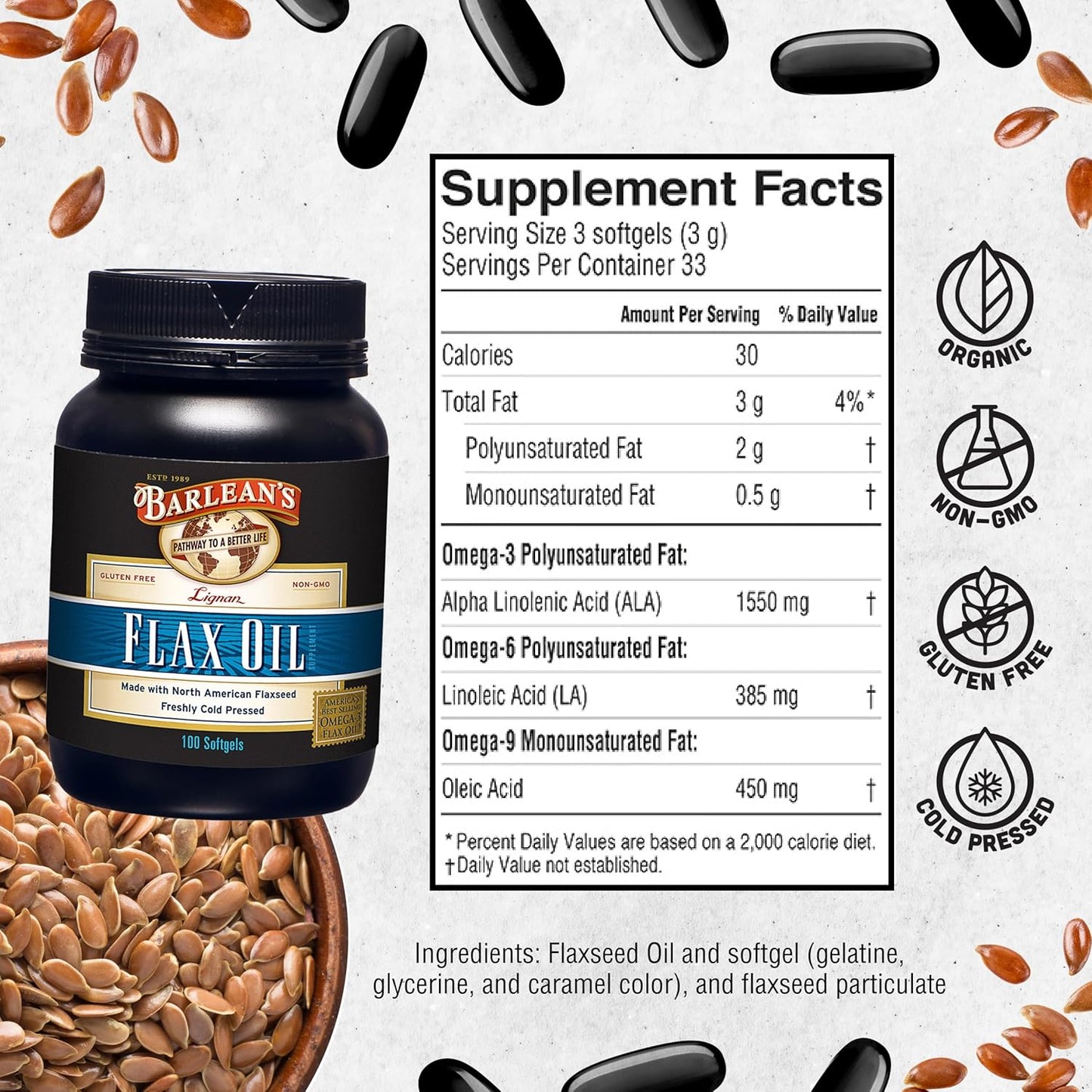 Barlean's Lignan Flaxseed Oil Softgels - Cold-Pressed Supplement with 1,550mg ALA Omega-3 - 1000mg, 100 ct