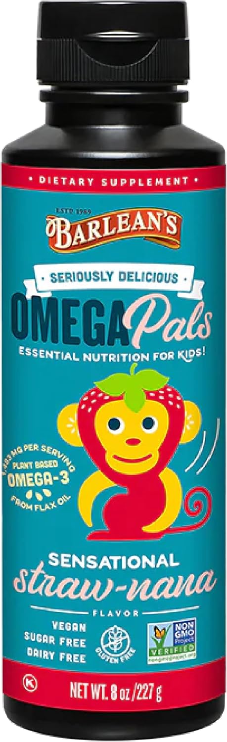 Barlean's Omega Pals Omega 3 for Kids, Straw-Nana Flavored Liquid Flax Seed Oil Supplement, 1,483 mg ALA, Non-GMO, Vegan, 8 oz