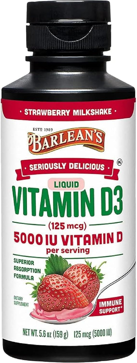 Barlean's Strawberry Milkshake Flavored Liquid Vitamin D3 5000 IU for Kids and Adults - Maximum Absorption, Non-GMO, Gluten-Free - 5.6 oz