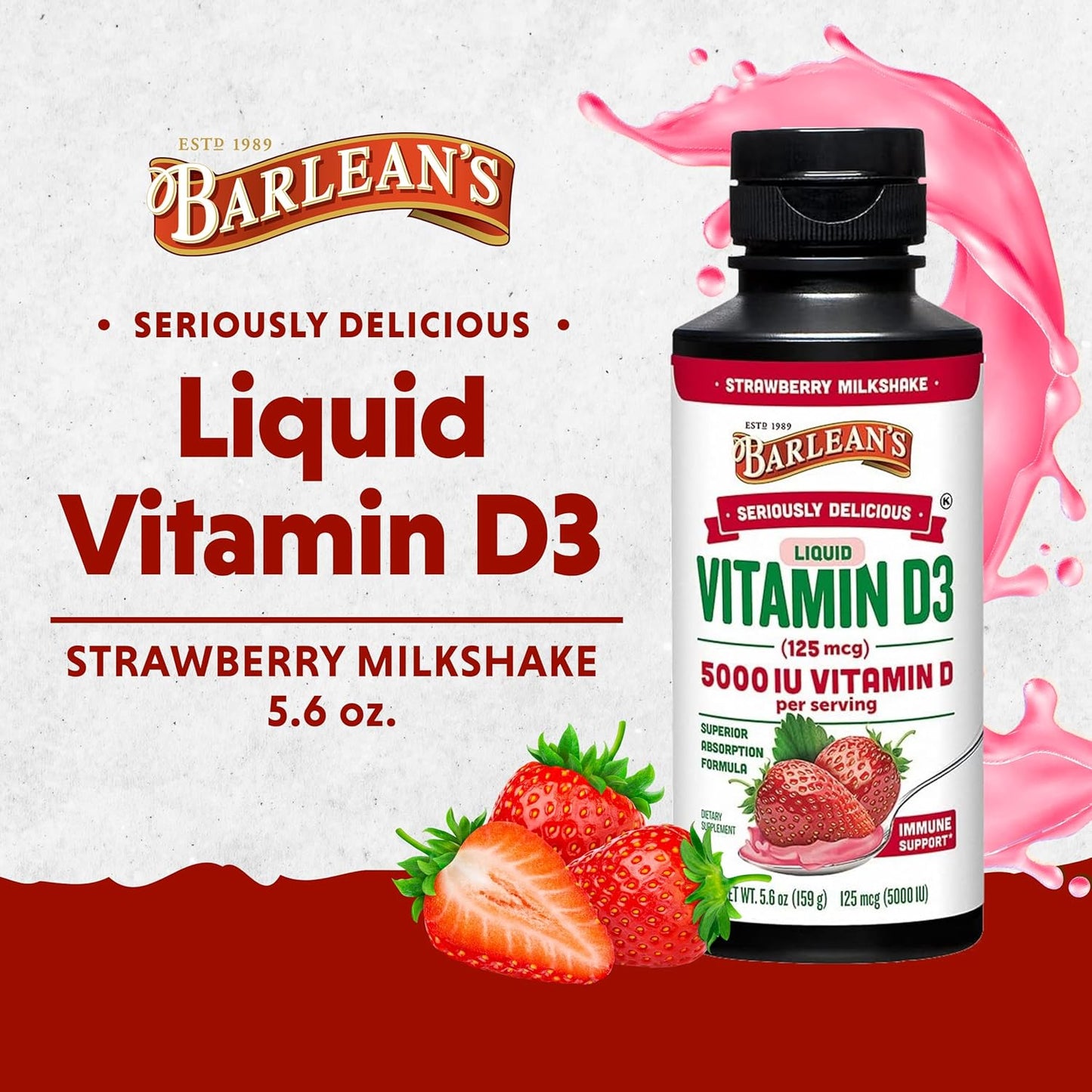 Barlean's Strawberry Milkshake Flavored Liquid Vitamin D3 5000 IU for Kids and Adults - Maximum Absorption, Non-GMO, Gluten-Free - 5.6 oz