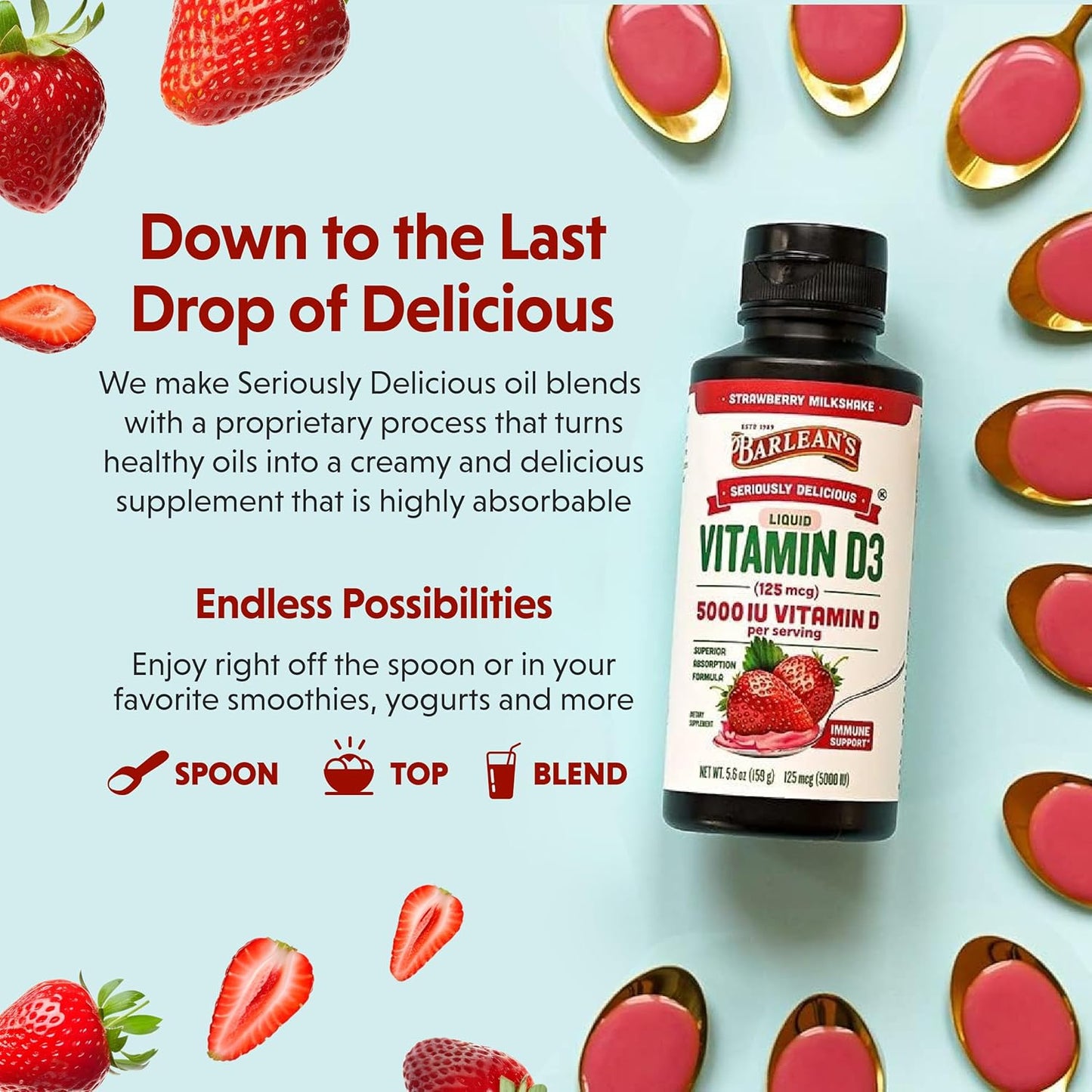 Barlean's Strawberry Milkshake Flavored Liquid Vitamin D3 5000 IU for Kids and Adults - Maximum Absorption, Non-GMO, Gluten-Free - 5.6 oz