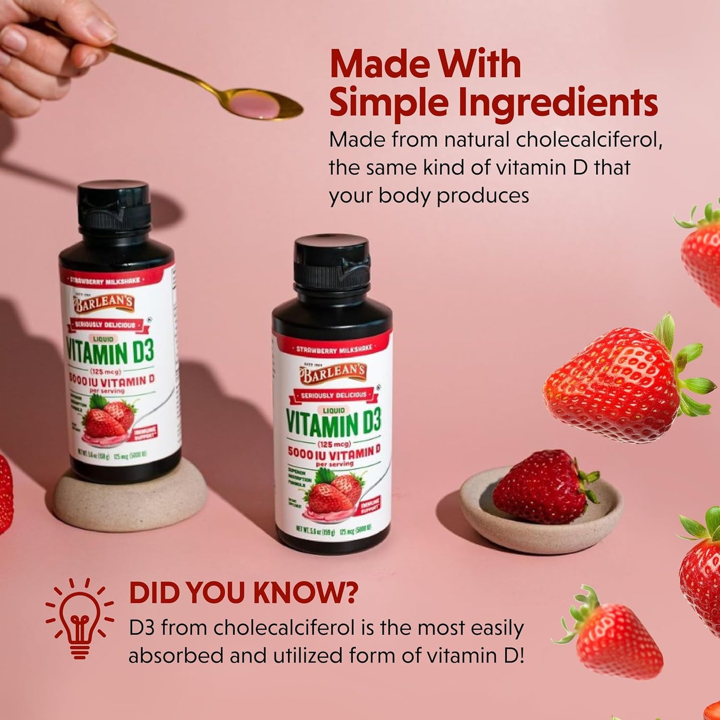 Barlean's Strawberry Milkshake Flavored Liquid Vitamin D3 5000 IU for Kids and Adults - Maximum Absorption, Non-GMO, Gluten-Free - 5.6 oz