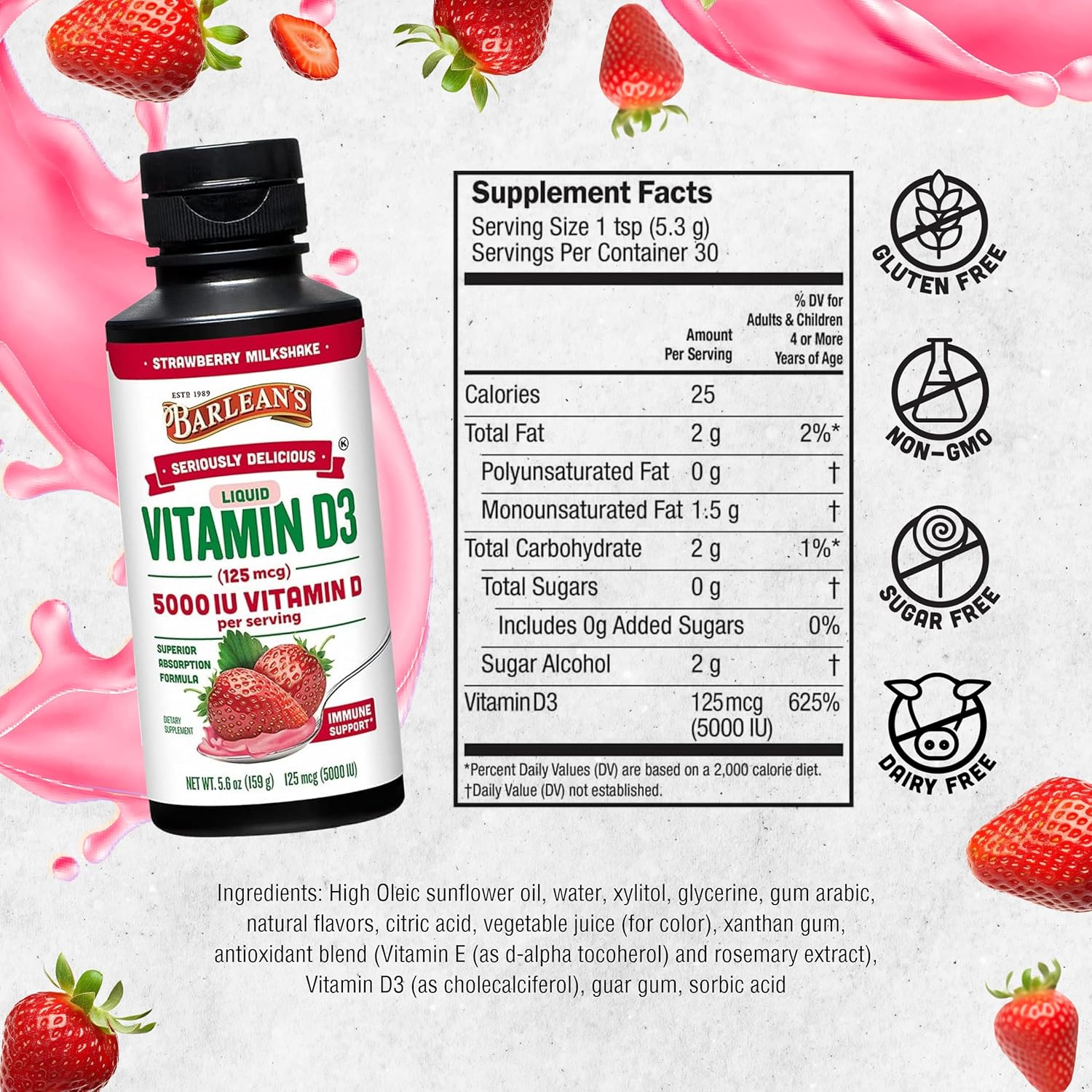 Barlean's Strawberry Milkshake Flavored Liquid Vitamin D3 5000 IU for Kids and Adults - Maximum Absorption, Non-GMO, Gluten-Free - 5.6 oz