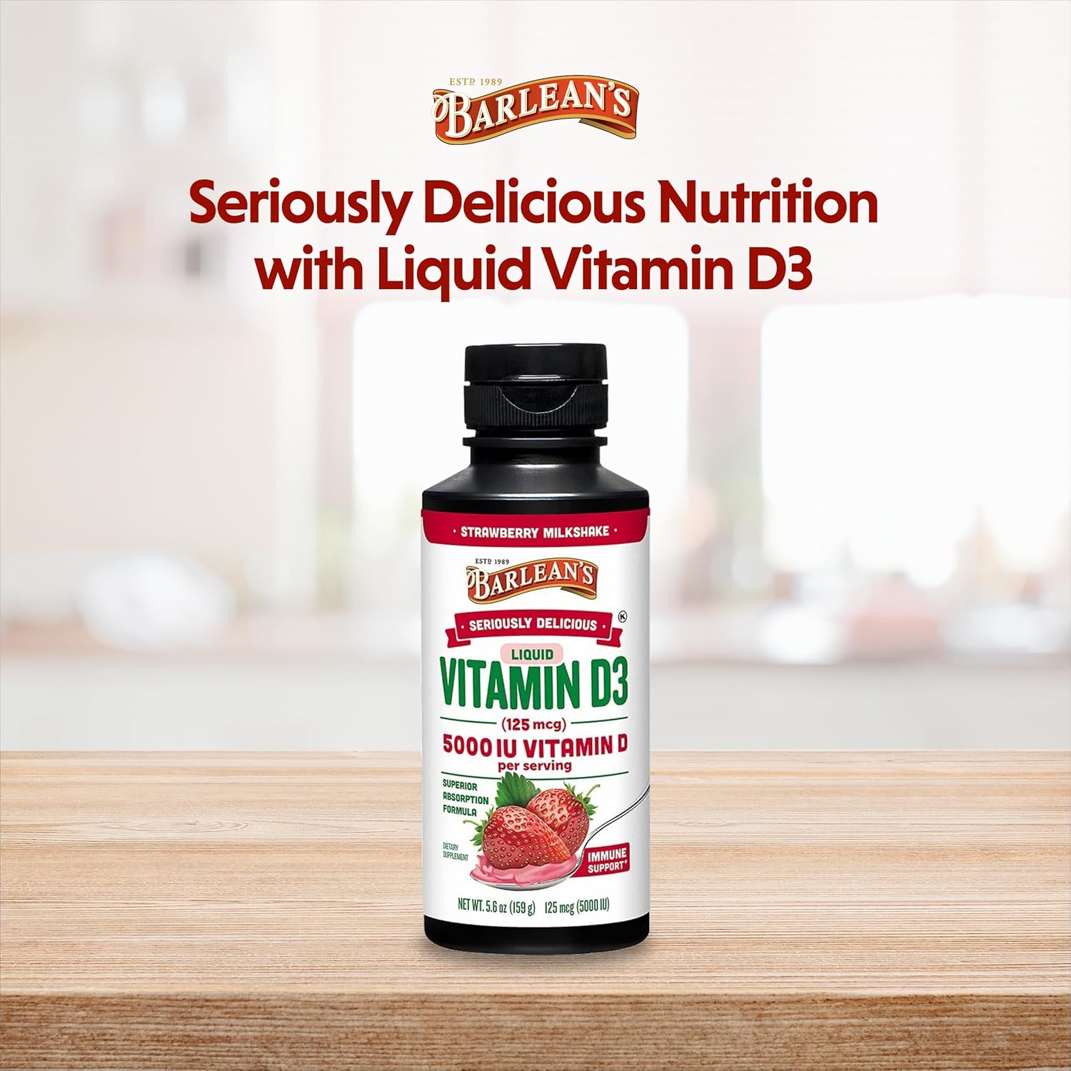 Barlean's Strawberry Milkshake Flavored Liquid Vitamin D3 5000 IU for Kids and Adults - Maximum Absorption, Non-GMO, Gluten-Free - 5.6 oz