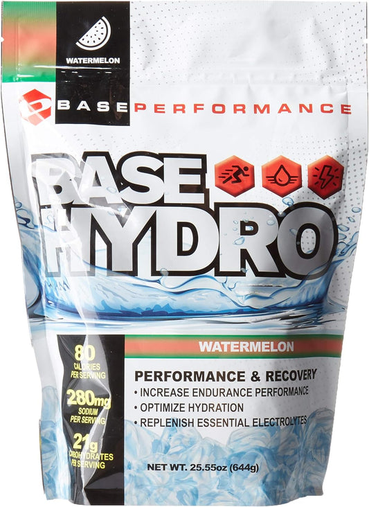 BASE Performance Hydro - Watermelon Flavored Sports Drink Powder | 28 Servings in eco-Friendly Mylar Bag | Dextrose, Fructose, Maltodextrin & Electrolytes Blend