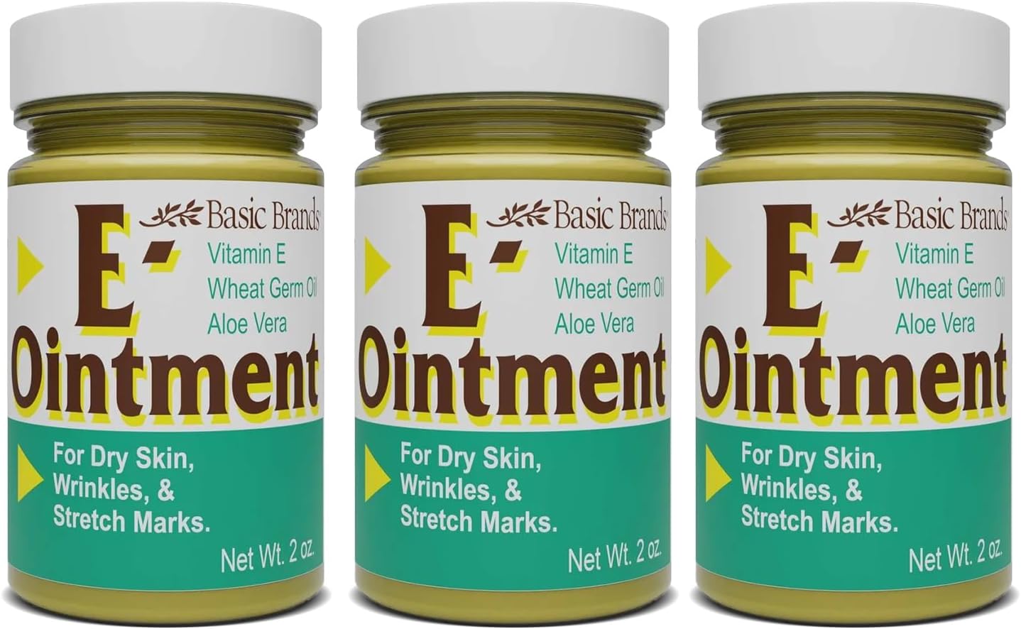 Basic Organics Vitamin E Ointment 2 oz - Moisture Enhancing - Reduce Scars, Stretch Marks, Fine Lines & Wrinkles - Pack of 3