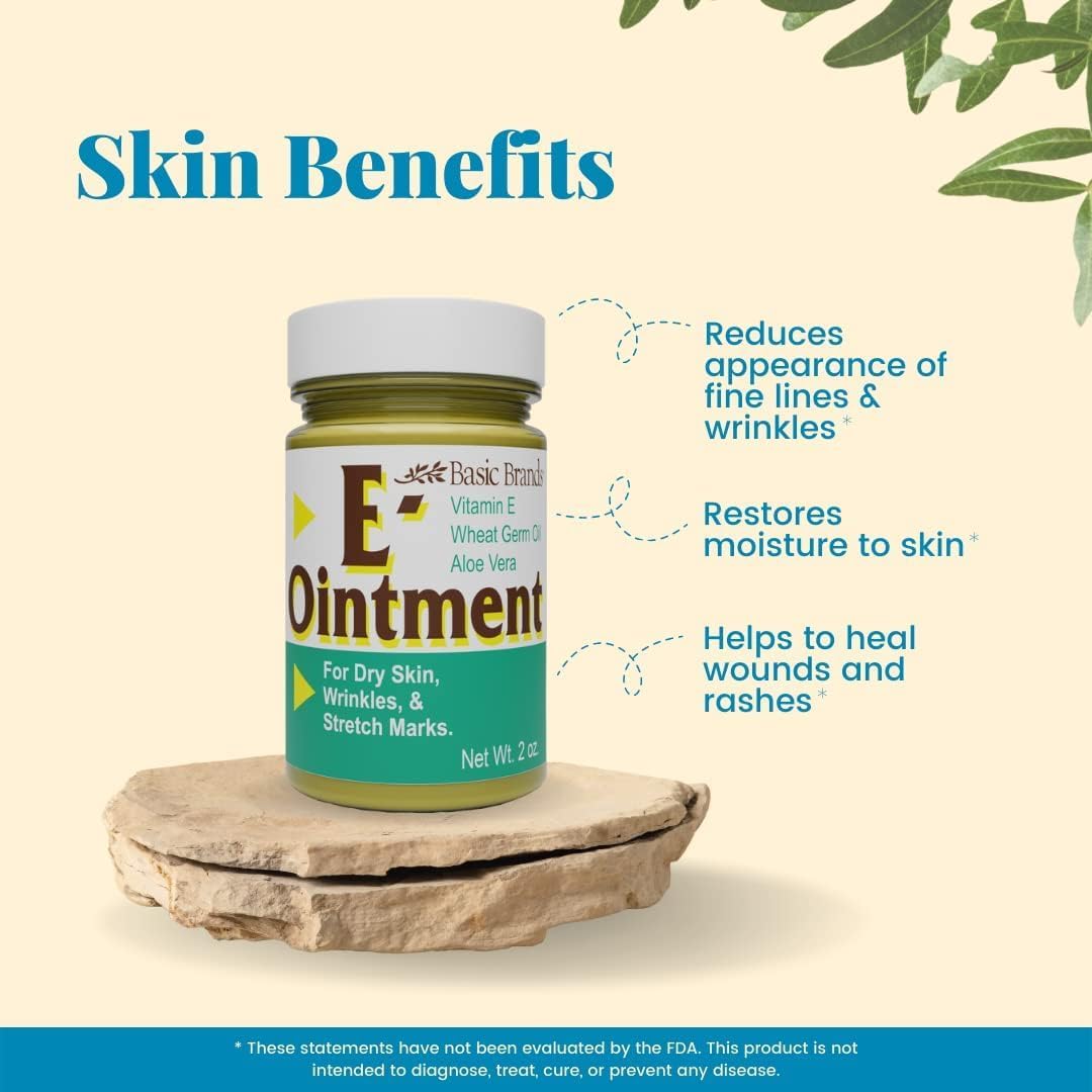 Basic Organics Vitamin E Ointment 2 oz - Moisture Enhancing - Reduce Scars, Stretch Marks, Fine Lines & Wrinkles - Pack of 3