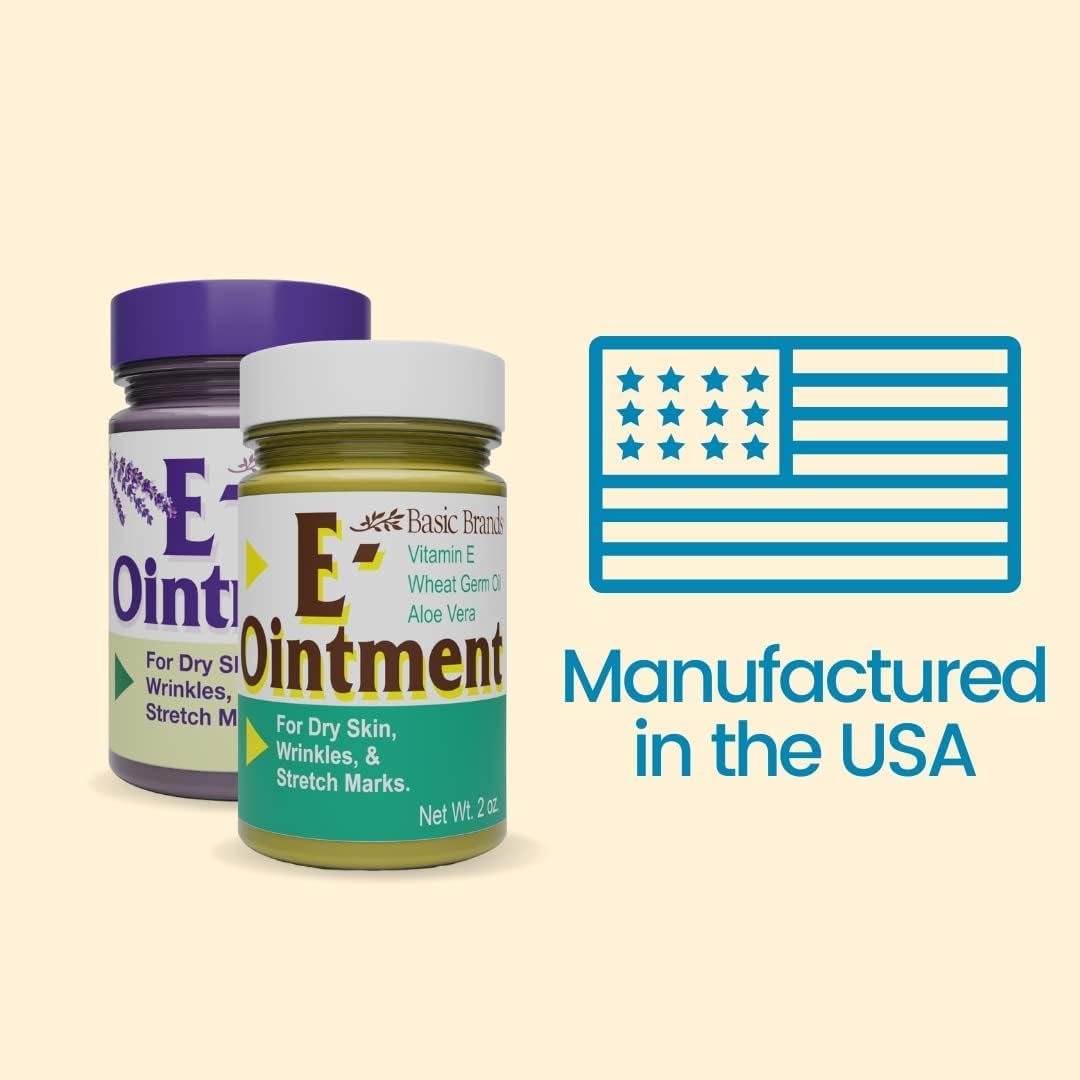 Basic Organics Vitamin E Ointment 2 oz - Moisture Enhancing - Reduce Scars, Stretch Marks, Fine Lines & Wrinkles - Pack of 3