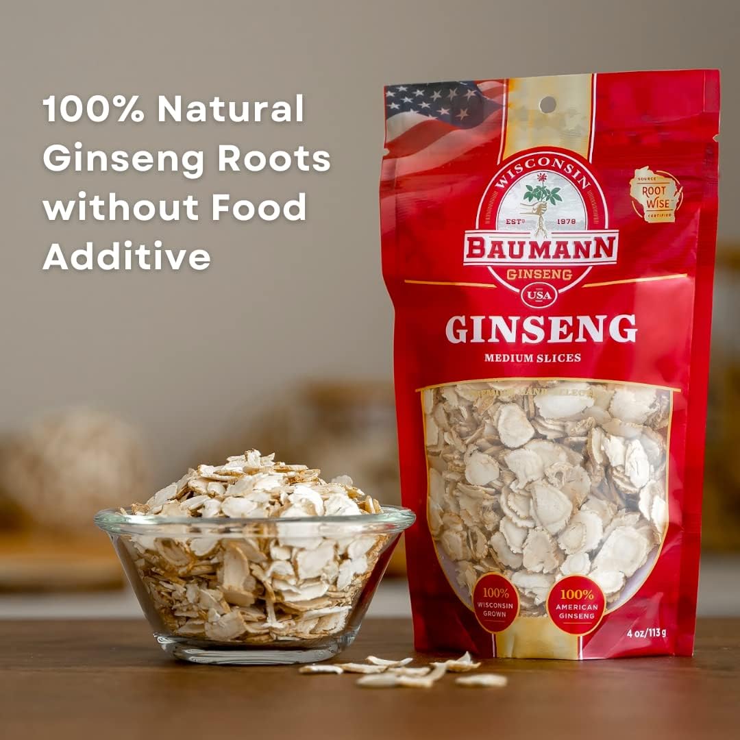 Baumann Wisconsin Ginseng - Medium Slices 4 oz - 100% Natural Panax Ginseng Herb from USA for Focus & Energy