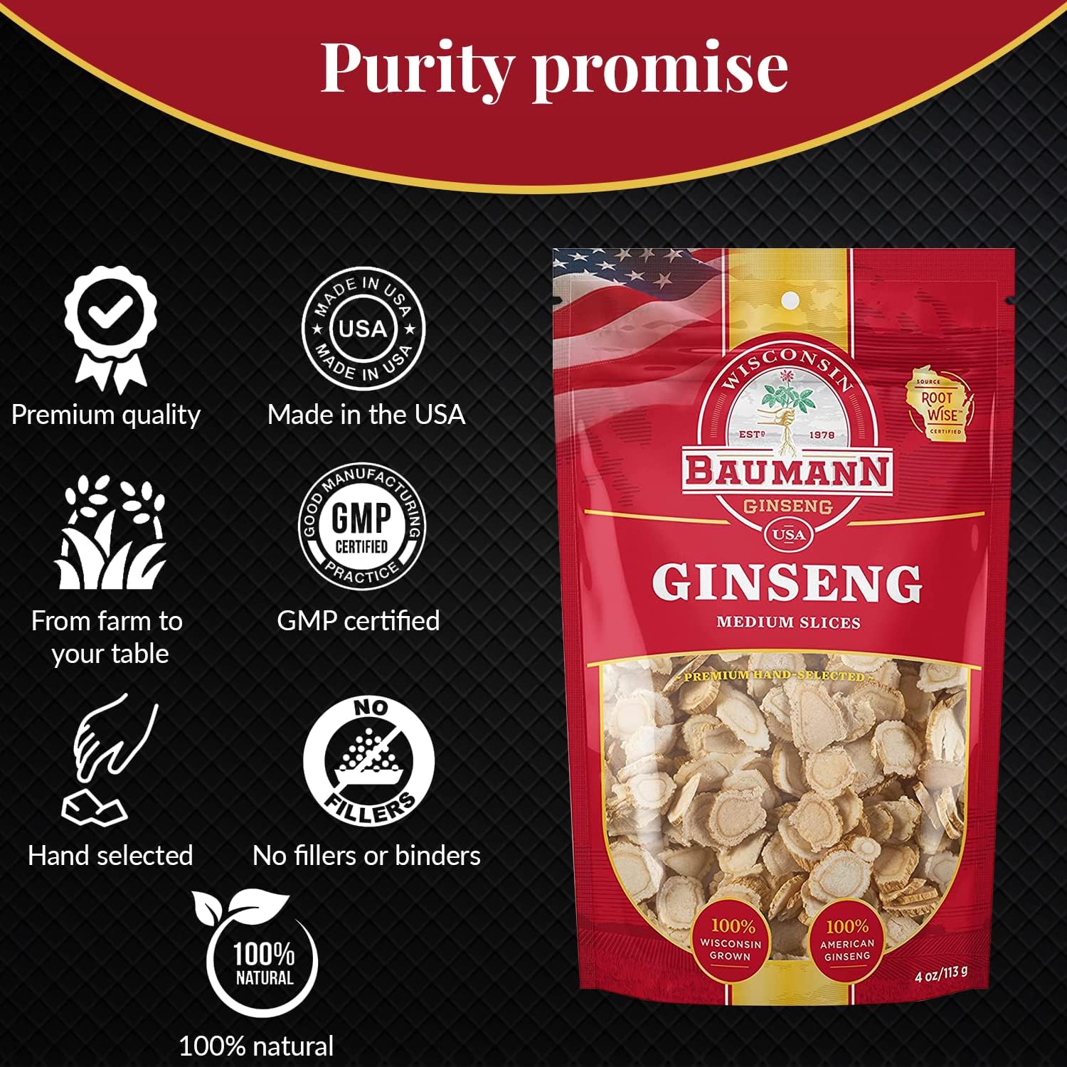 Baumann Wisconsin Ginseng - Medium Slices 4 oz - 100% Natural Panax Ginseng Herb from USA for Focus & Energy