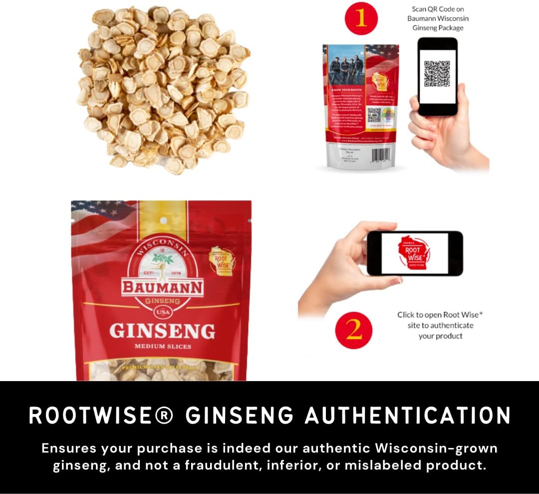 Baumann Wisconsin Ginseng - Medium Slices 4 oz - 100% Natural Panax Ginseng Herb from USA for Focus & Energy