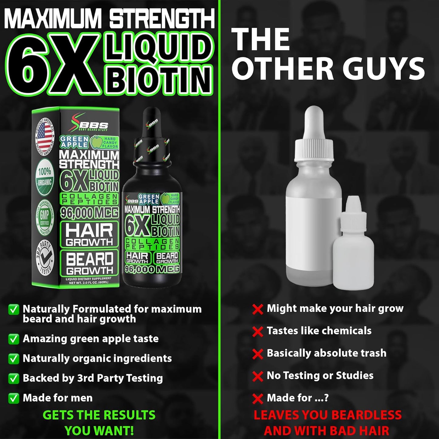 BBS USA Maximum Strength Biotin & Collagen Liquid for Men Hair & Beard Growth - 6X Absorption (2 OZ)
