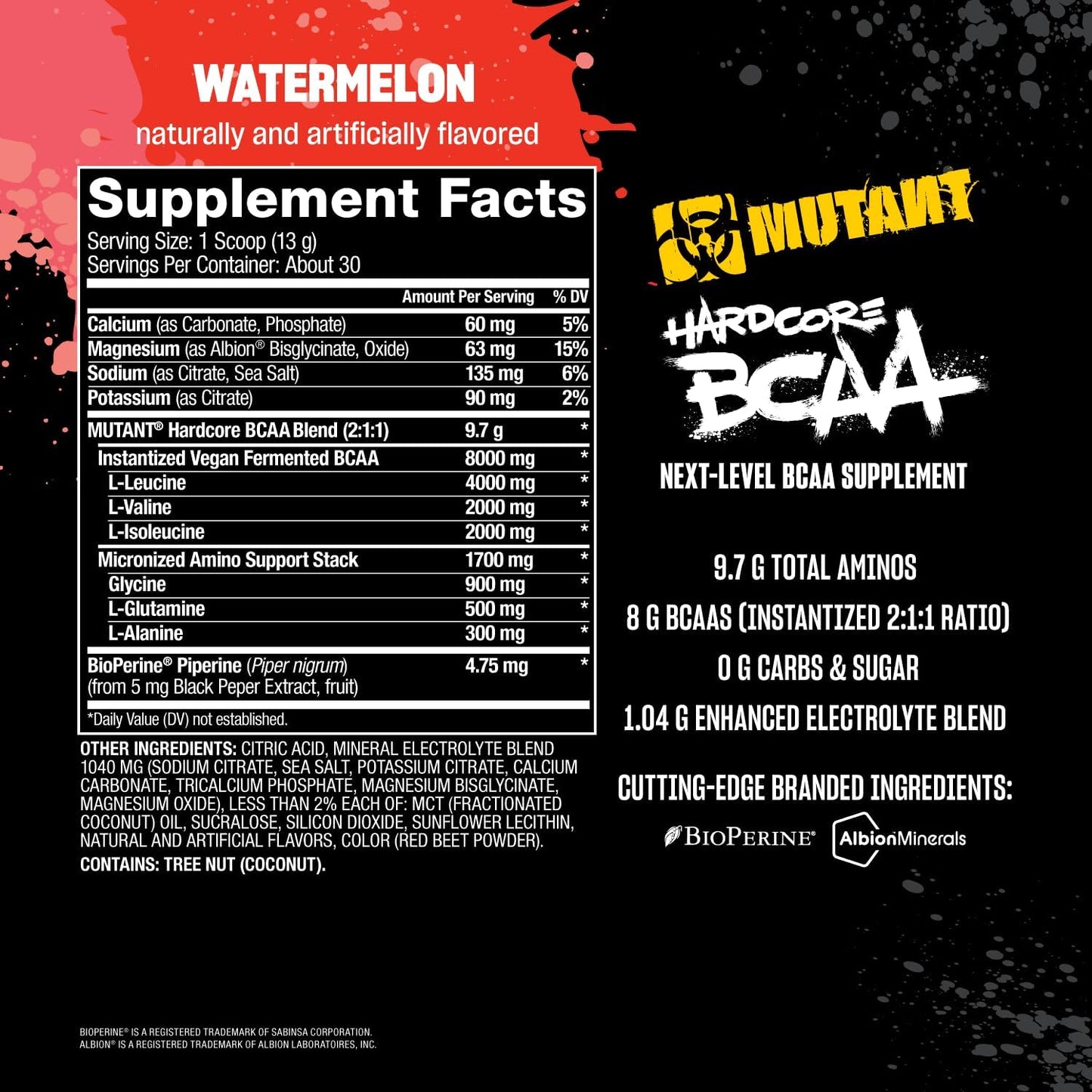 BCAA Next Level - Mutant Hardcore BCAA Supplement for Pre, Intra, or Post Workout - Watermelon Flavor - 30 Servings for Hydration and Recovery