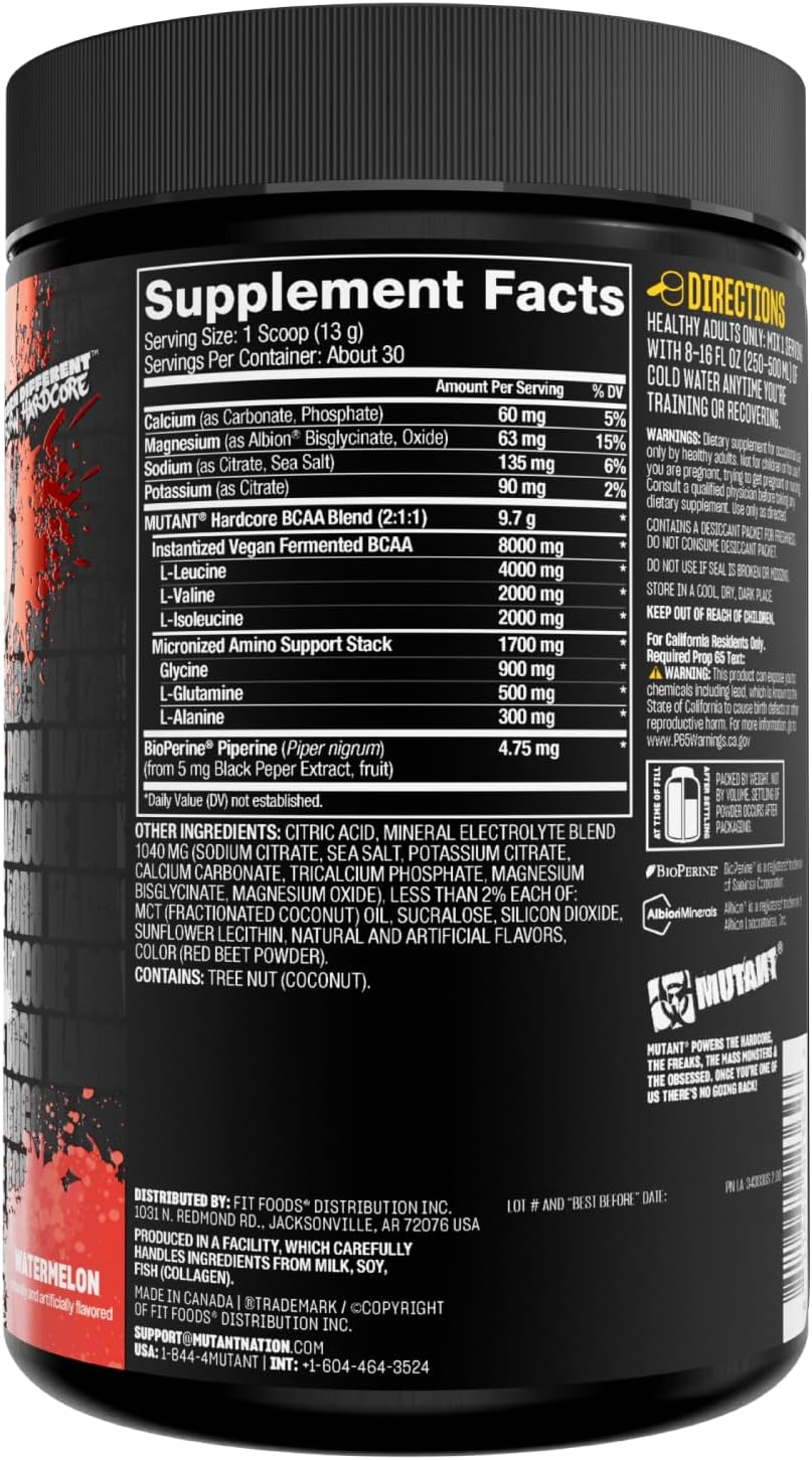 BCAA Next Level - Mutant Hardcore BCAA Supplement for Pre, Intra, or Post Workout - Watermelon Flavor - 30 Servings for Hydration and Recovery