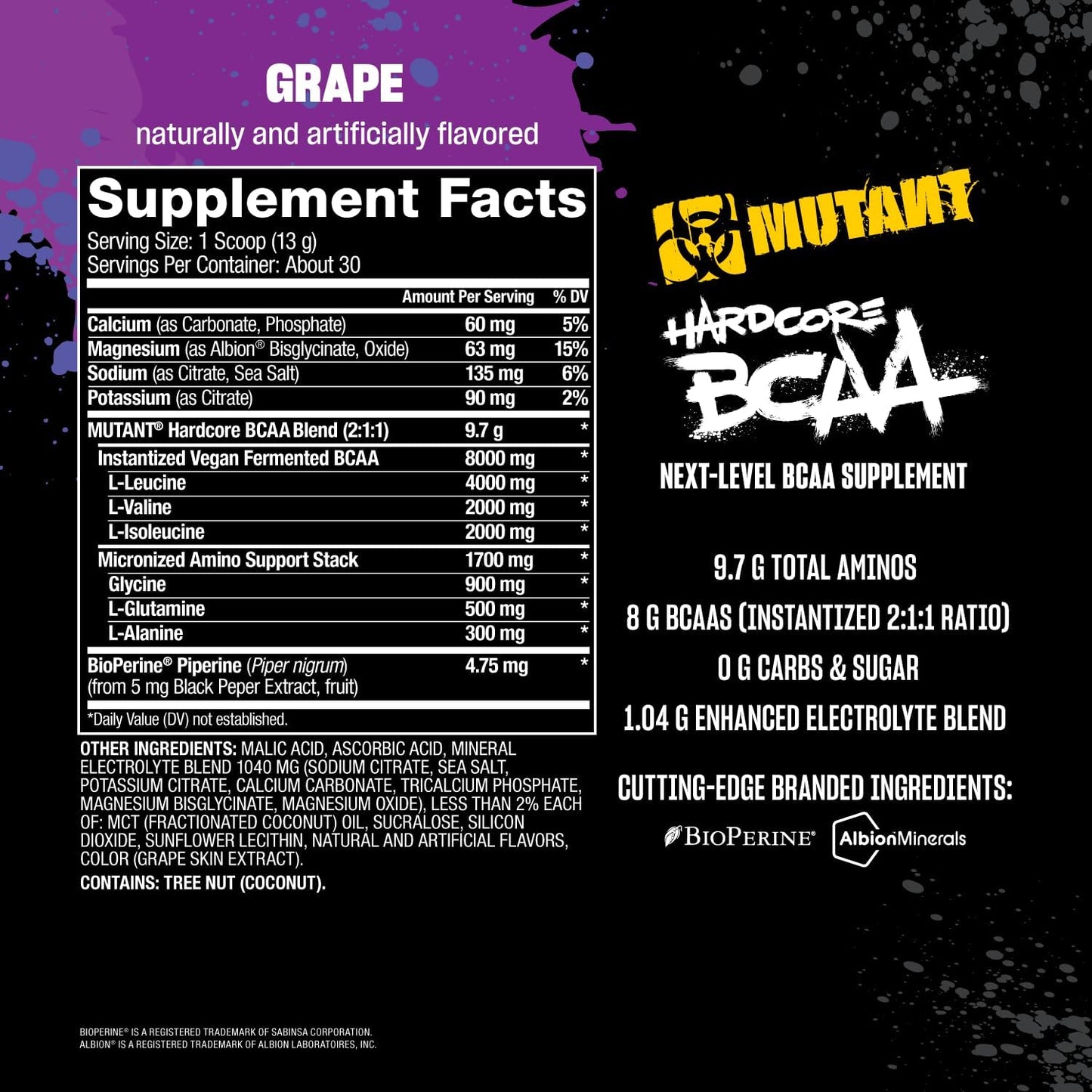 BCAA Next Level Mutant Hardcore - Grape Flavor - 30 Servings - Pre, Intra, or Post Workout Amino Acid Supplement for Hydration and Recovery