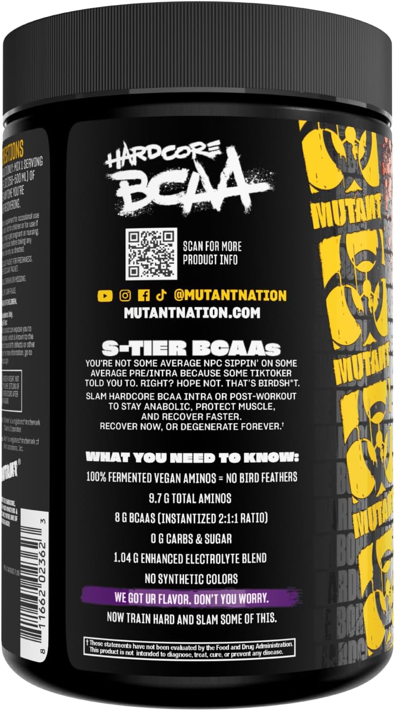 BCAA Next Level Mutant Hardcore - Grape Flavor - 30 Servings - Pre, Intra, or Post Workout Amino Acid Supplement for Hydration and Recovery