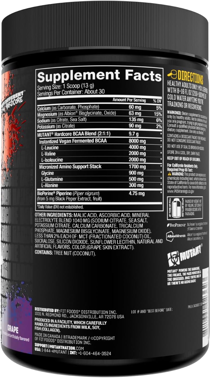 BCAA Next Level Mutant Hardcore - Grape Flavor - 30 Servings - Pre, Intra, or Post Workout Amino Acid Supplement for Hydration and Recovery