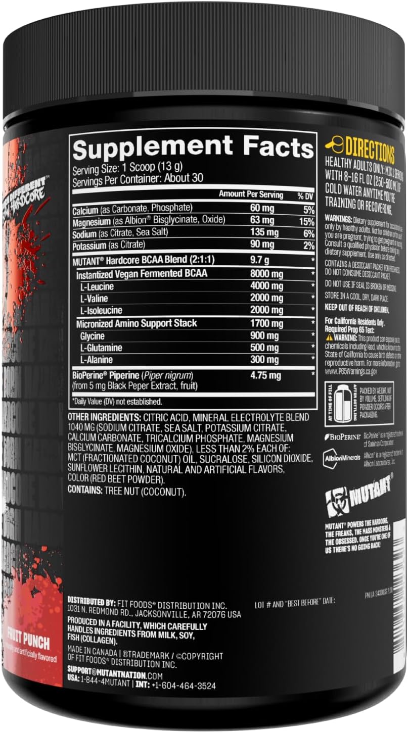 BCAA Next Level: Mutant Hardcore BCAA Supplement for Pre, Intra, or Post Workout - Fruit Punch Flavor - 30 Servings for Hydration and Recovery