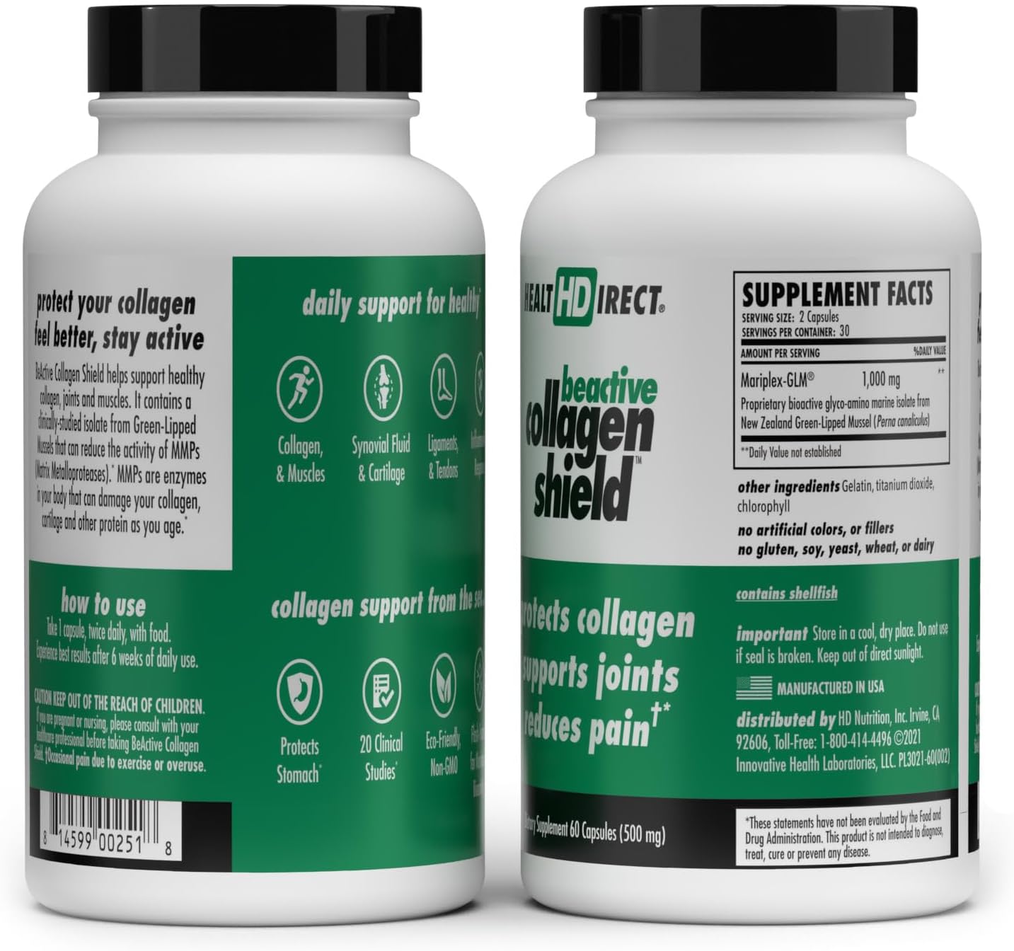 BeActive Collagen Shield Capsules - 60 Count - Green-Lipped Mussel Supplement for Skin, Joint, and Muscle Health - Collagen Support