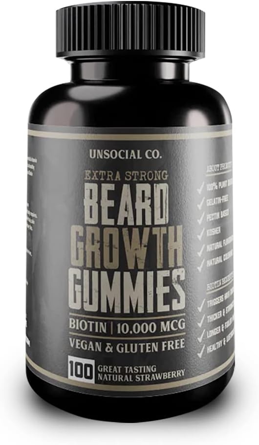 Beard Gummies for Men with Biotin 10000 MCG | Promotes Strong & Thick Facial Hair Growth | Strawberry Flavor | Extra Strong Beard Growth Vitamins
