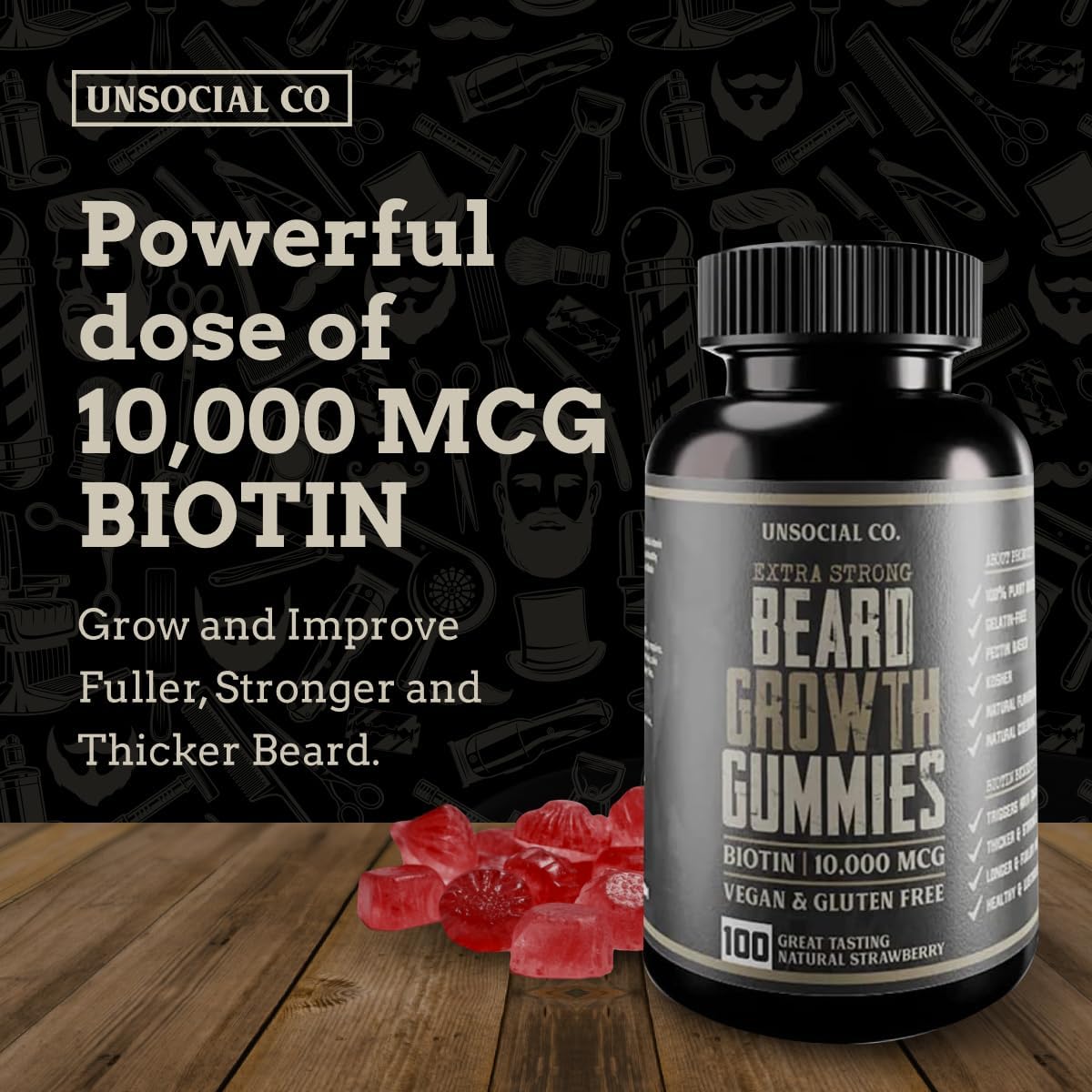 Beard Gummies for Men with Biotin 10000 MCG | Promotes Strong & Thick Facial Hair Growth | Strawberry Flavor | Extra Strong Beard Growth Vitamins