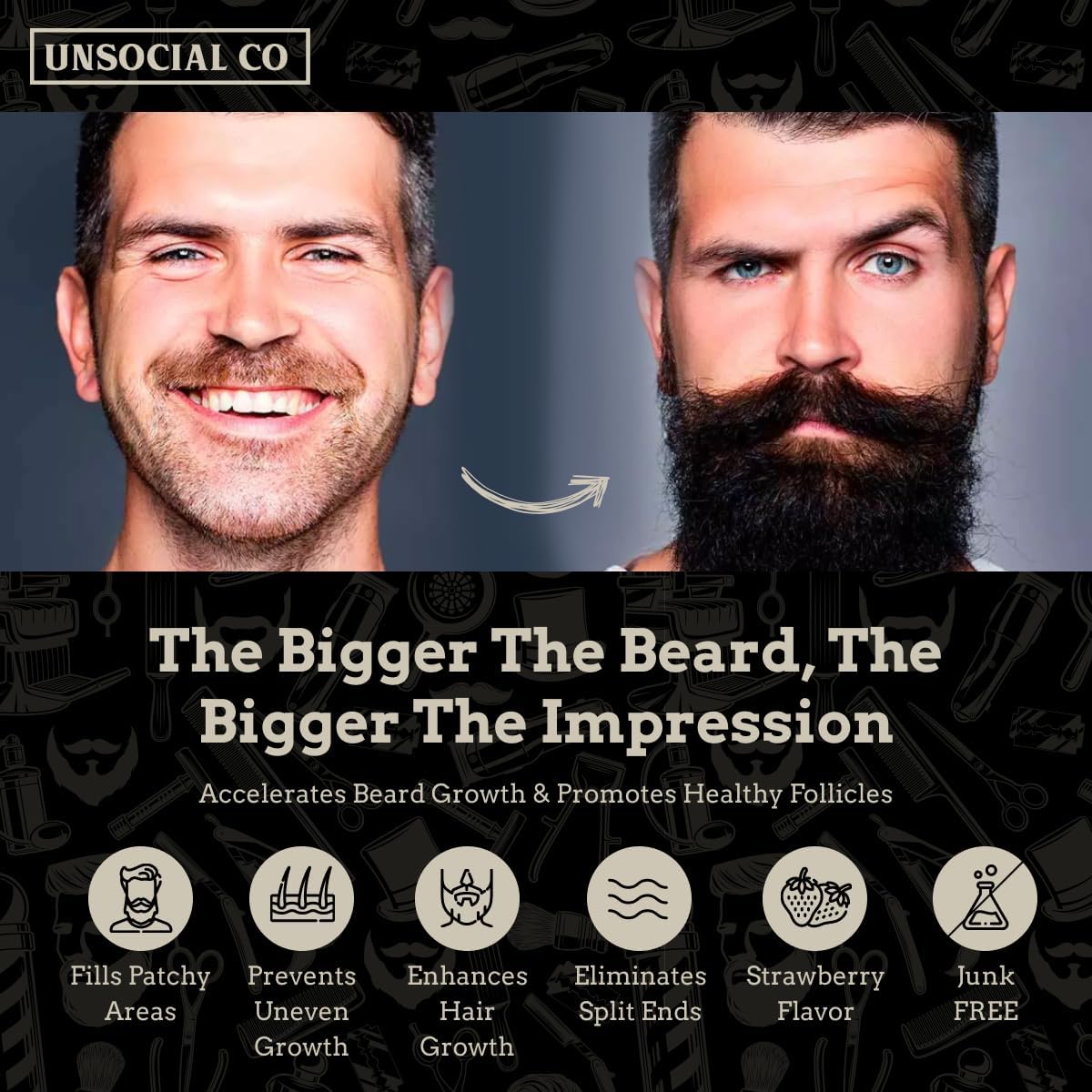 Beard Gummies for Men with Biotin 10000 MCG | Promotes Strong & Thick Facial Hair Growth | Strawberry Flavor | Extra Strong Beard Growth Vitamins