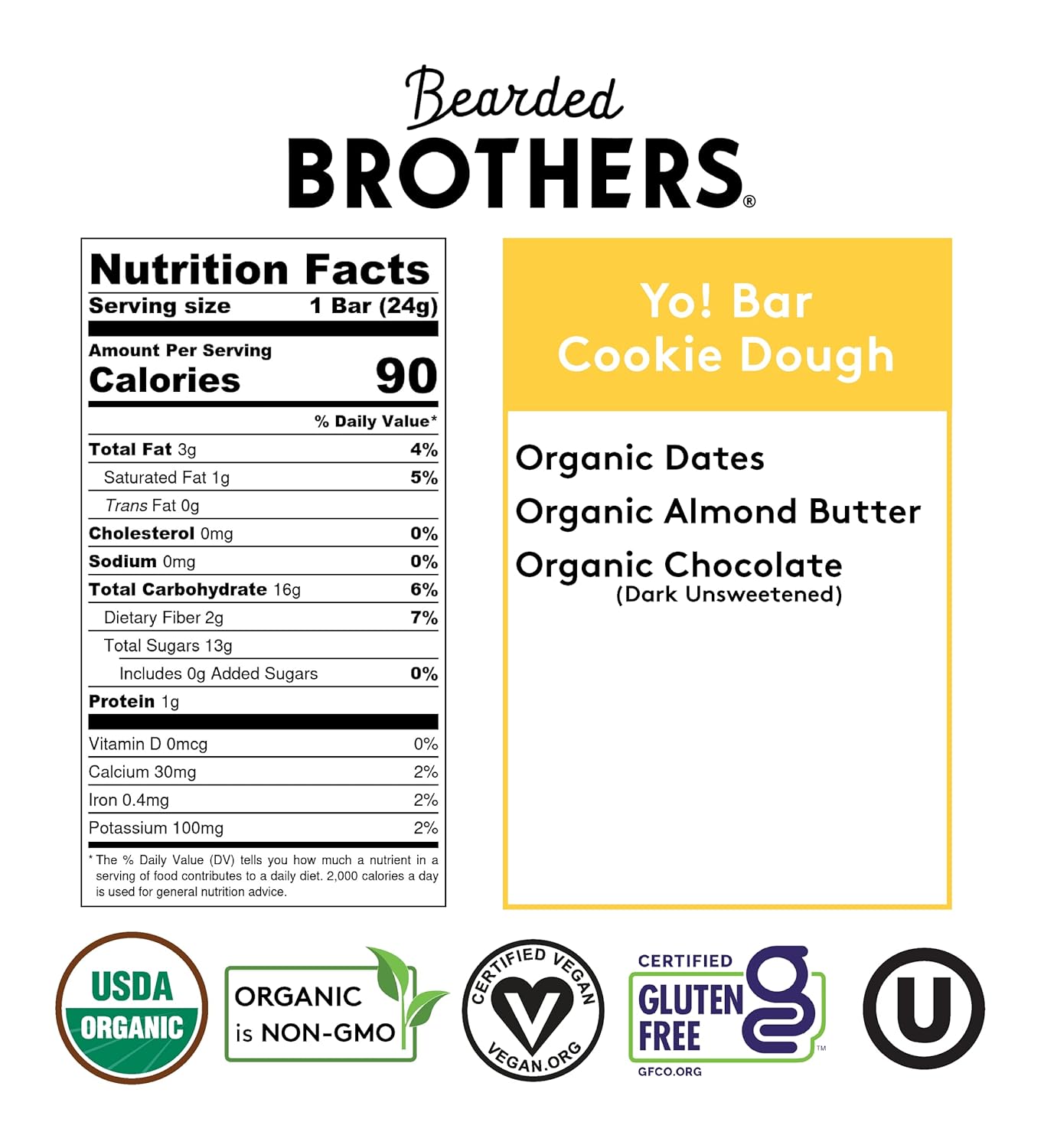 Bearded Brothers Vegan Organic Kids Bar, Cookie Dough (25 Bars) - Gluten Free, Paleo, Whole 30, Soy Free, Non-GMO, Low Glycemic