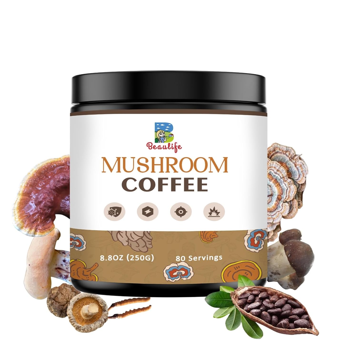Beaulife Mushroom Coffee Blend with Reishi, Turkey Tail, and Chaga - Instant Arabica Coffee for Energy, Focus, and Immune Support - 8.8 Oz Jar