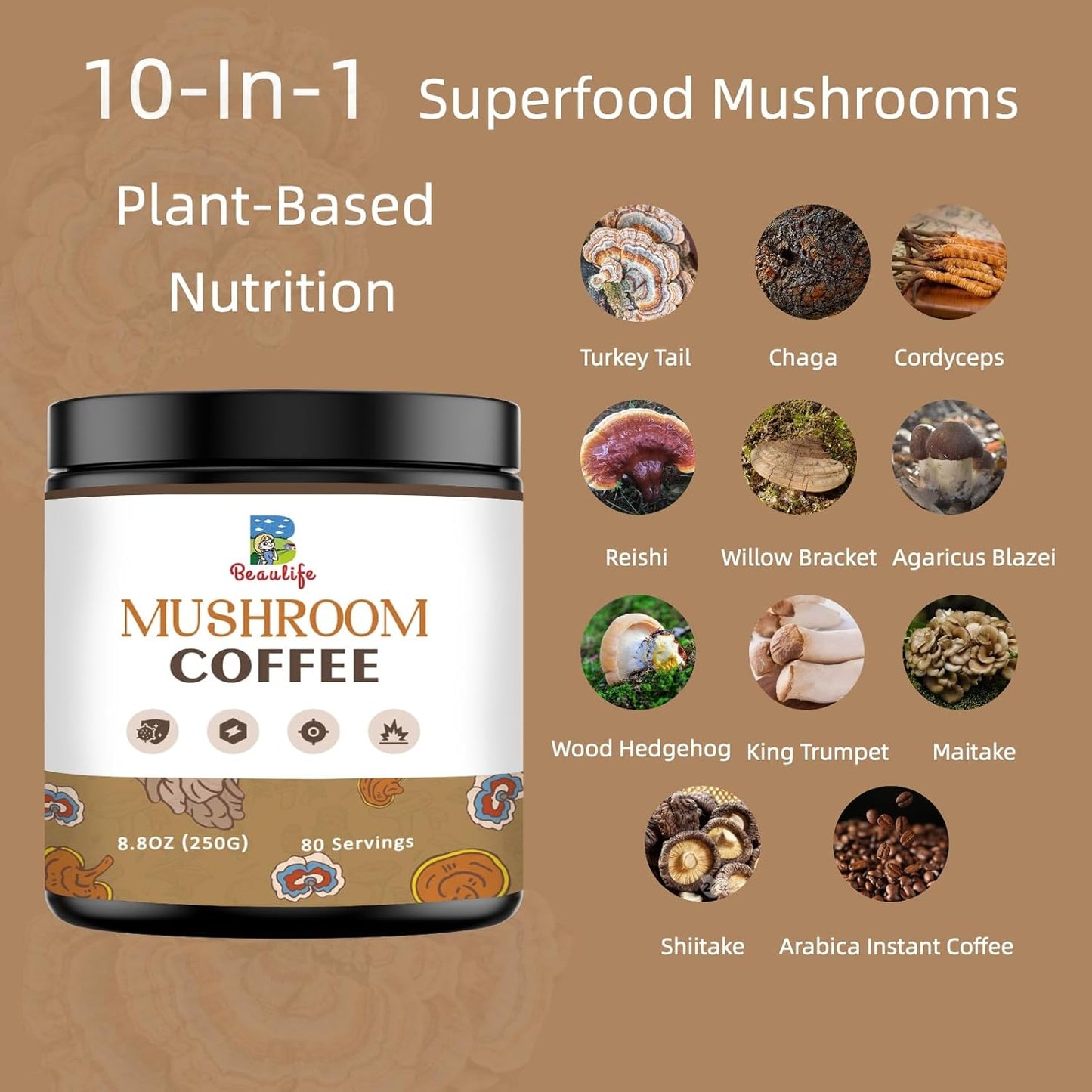 Beaulife Mushroom Coffee Blend with Reishi, Turkey Tail, and Chaga - Instant Arabica Coffee for Energy, Focus, and Immune Support - 8.8 Oz Jar