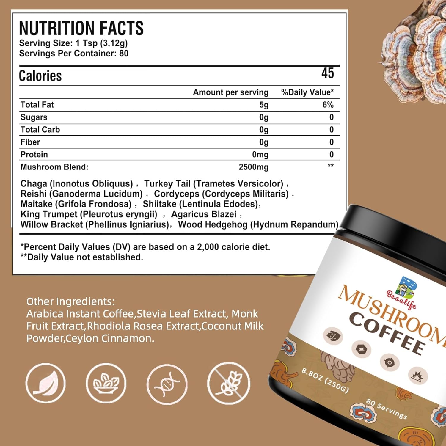 Beaulife Mushroom Coffee Blend with Reishi, Turkey Tail, and Chaga - Instant Arabica Coffee for Energy, Focus, and Immune Support - 8.8 Oz Jar