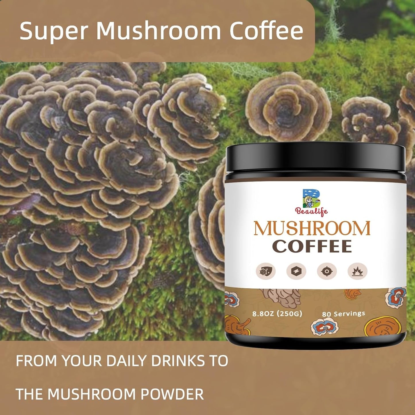 Beaulife Mushroom Coffee Blend with Reishi, Turkey Tail, and Chaga - Instant Arabica Coffee for Energy, Focus, and Immune Support - 8.8 Oz Jar
