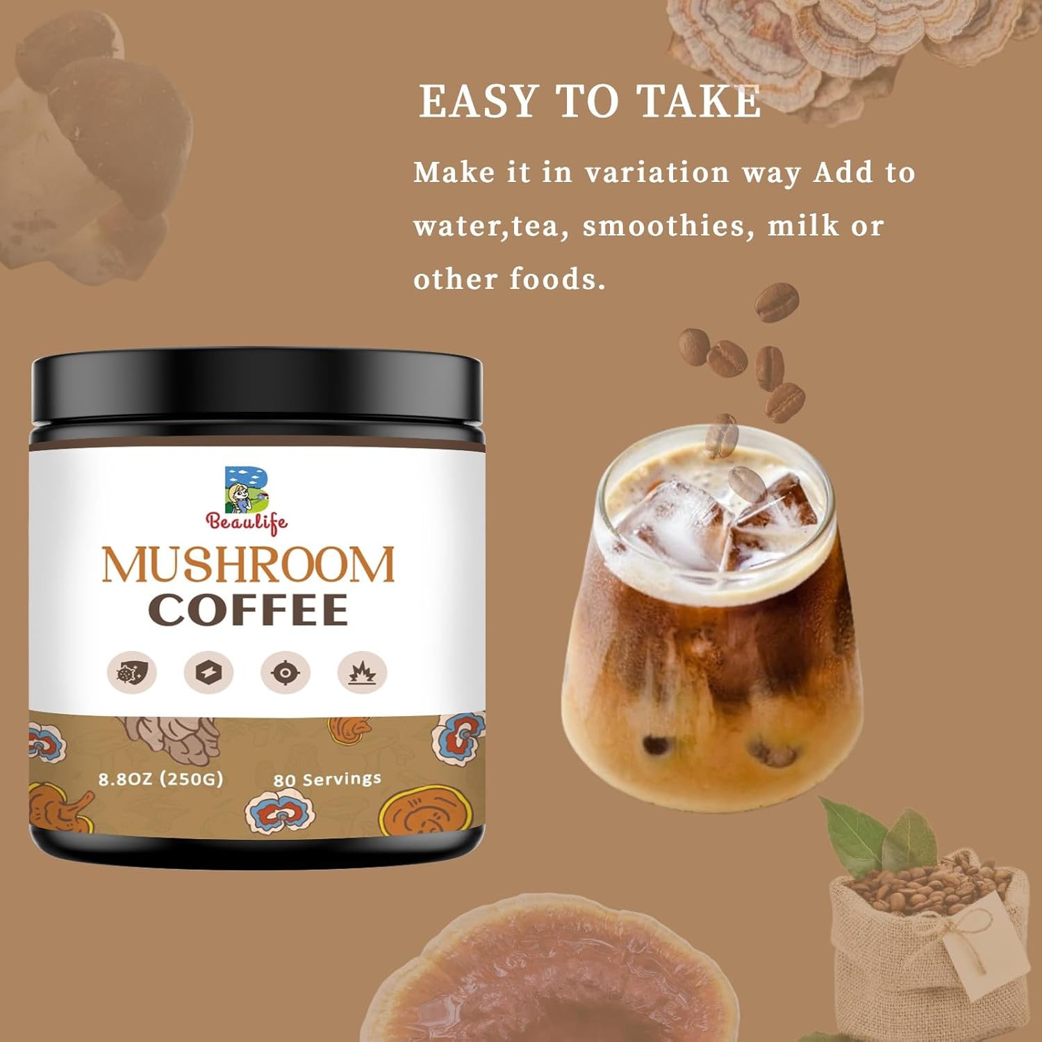 Beaulife Mushroom Coffee Blend with Reishi, Turkey Tail, and Chaga - Instant Arabica Coffee for Energy, Focus, and Immune Support - 8.8 Oz Jar