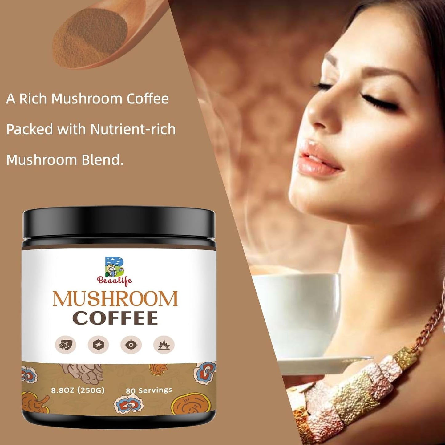 Beaulife Mushroom Coffee Blend with Reishi, Turkey Tail, and Chaga - Instant Arabica Coffee for Energy, Focus, and Immune Support - 8.8 Oz Jar