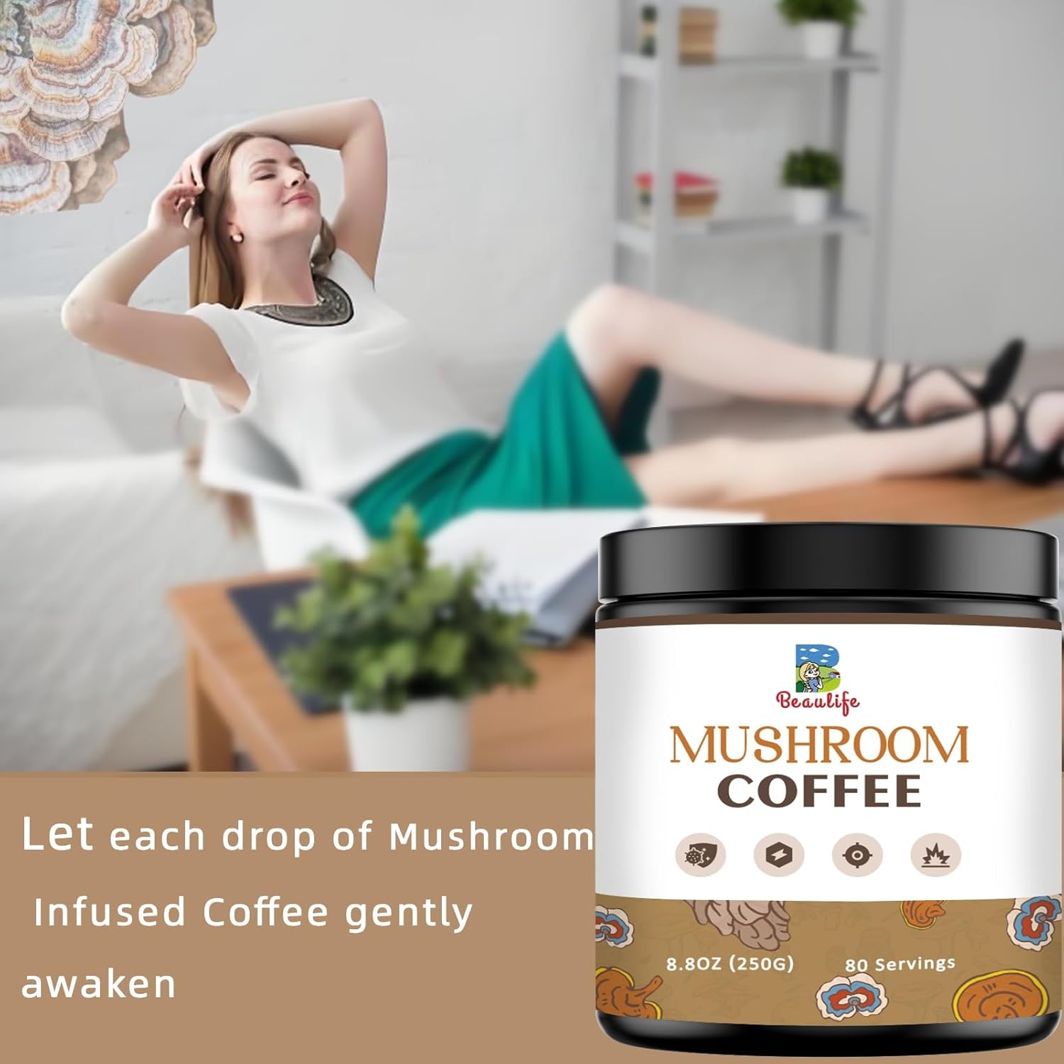 Beaulife Mushroom Coffee Blend with Reishi, Turkey Tail, and Chaga - Instant Arabica Coffee for Energy, Focus, and Immune Support - 8.8 Oz Jar