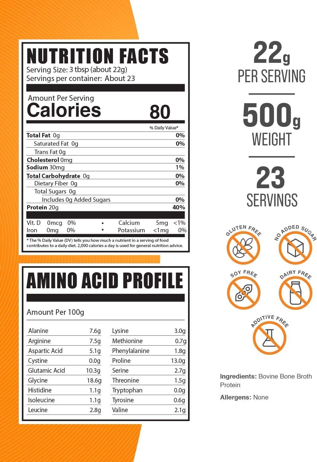 Beef Bone Broth Protein Powder - 500g (1.1 lbs) - Bovine Bone Broth, Dairy & Gluten Free - 22g Protein per Serving - Lactose Free Powder