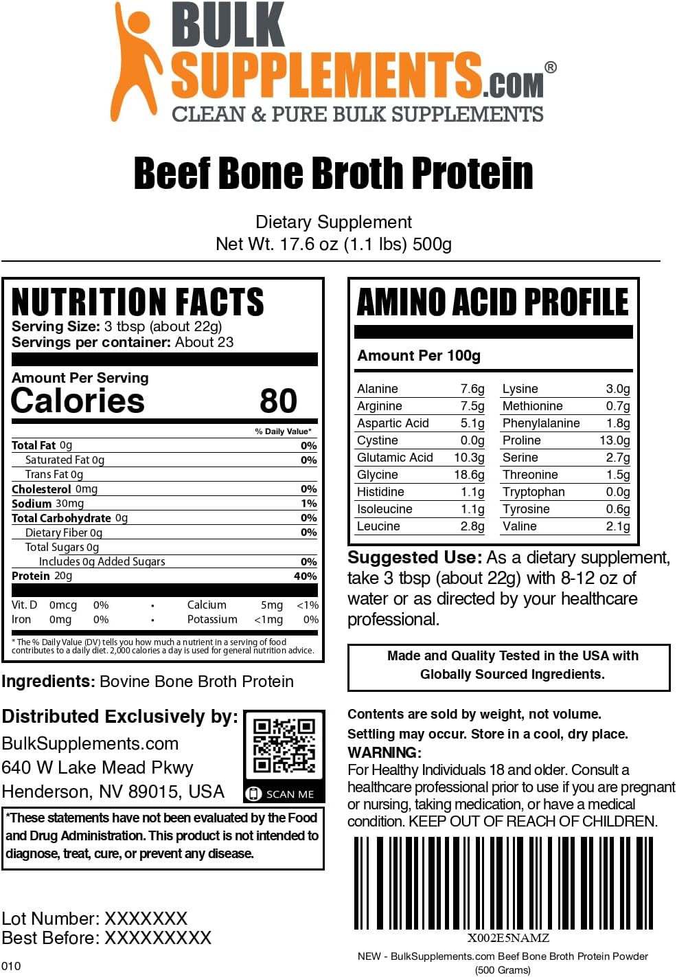 Beef Bone Broth Protein Powder - 500g (1.1 lbs) - Bovine Bone Broth, Dairy & Gluten Free - 22g Protein per Serving - Lactose Free Powder