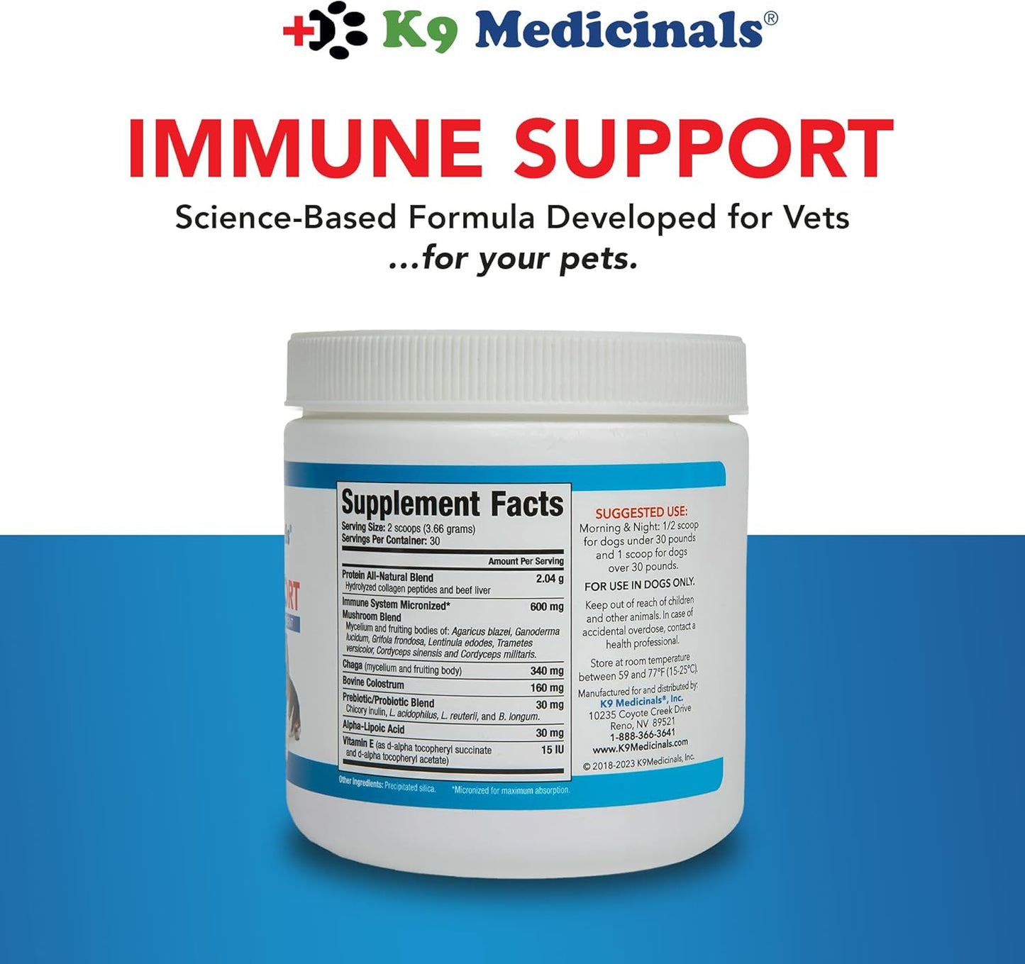Beef Flavored K9 Medicinals Dog Immune Support Powder with Probiotics, Antioxidants, and Mushroom Blend for Gut and Digestive Health - 4oz