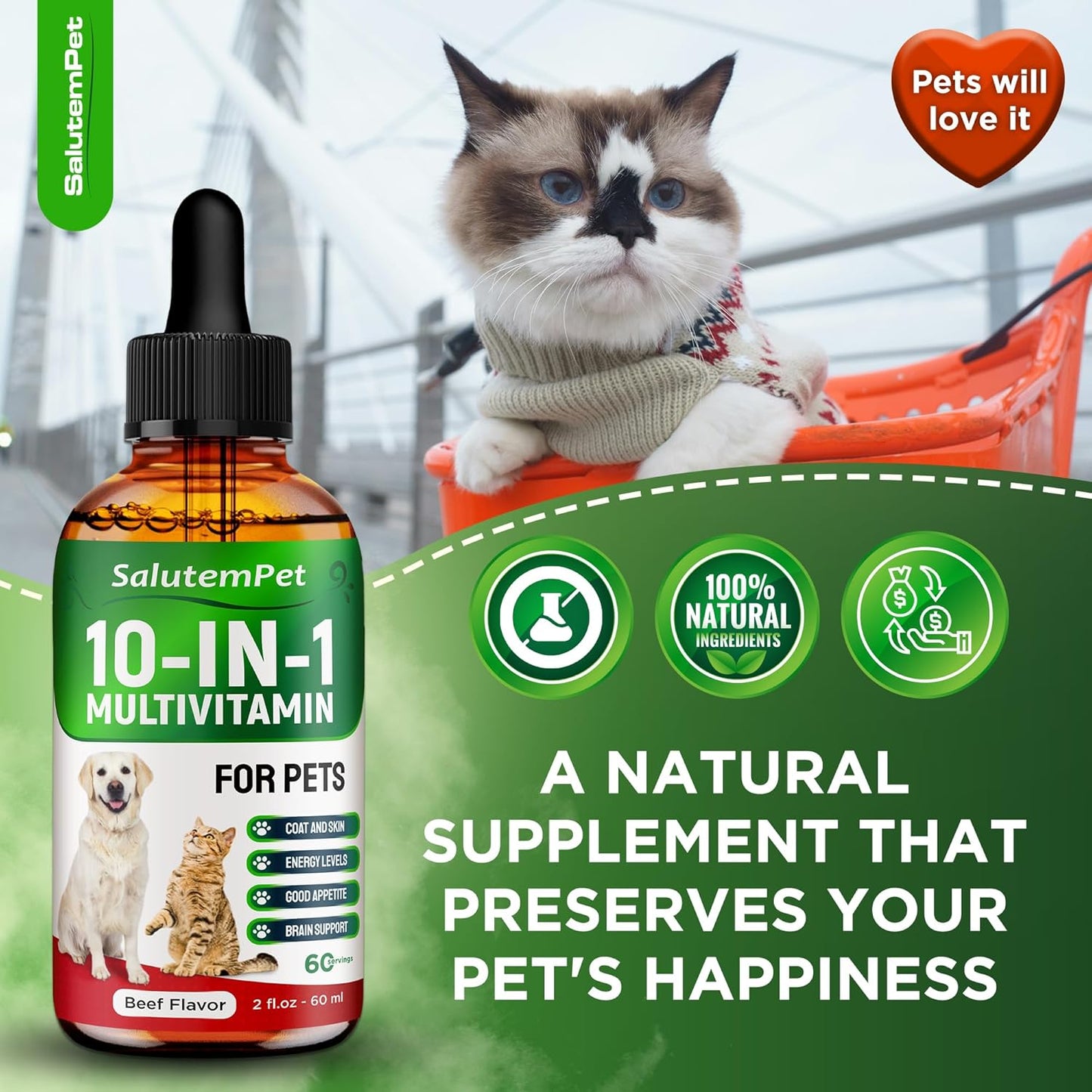 Beef Flavored Liquid Multivitamin for Dogs and Cats - Pet Vitamins and Supplements - 2 fl.oz Bottle