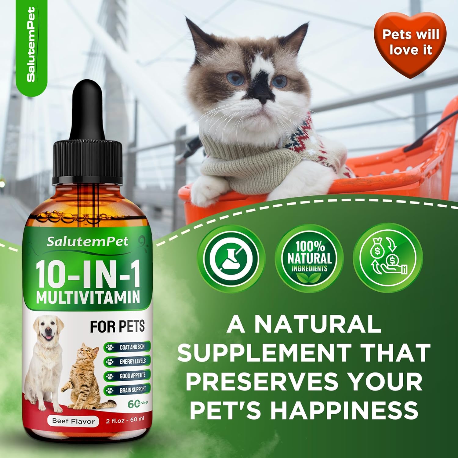 Beef Flavored Liquid Multivitamin for Dogs and Cats - Pet Vitamins and Supplements - 2 fl.oz Bottle