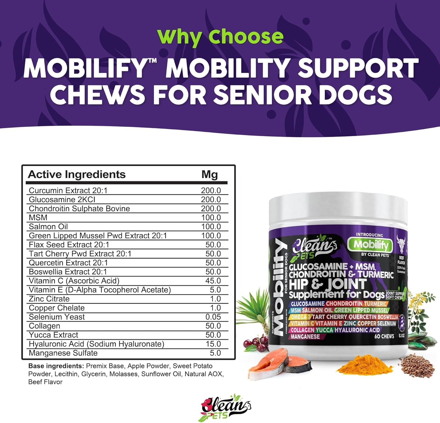 Beef-Flavored Senior Dog Hip and Joint Supplement with Glucosamine, Chondroitin, Turmeric, Hyaluronic Acid, MSM, Salmon Oil, Collagen, Vitamin C, Omega 3 - 1 Pack