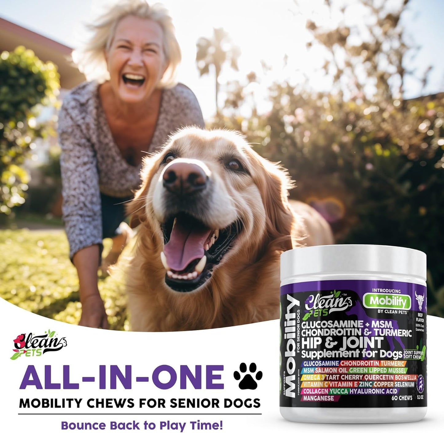 Beef-Flavored Senior Dog Hip and Joint Supplement with Glucosamine, Chondroitin, Turmeric, Hyaluronic Acid, MSM, Salmon Oil, Collagen, Vitamin C, Omega 3 - 1 Pack