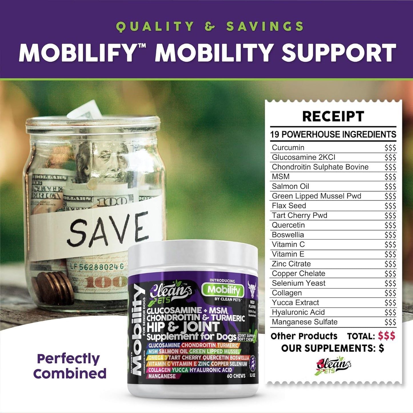 Beef-Flavored Senior Dog Hip and Joint Supplement with Glucosamine, Chondroitin, Turmeric, Hyaluronic Acid, MSM, Salmon Oil, Collagen, Vitamin C, Omega 3 - 1 Pack