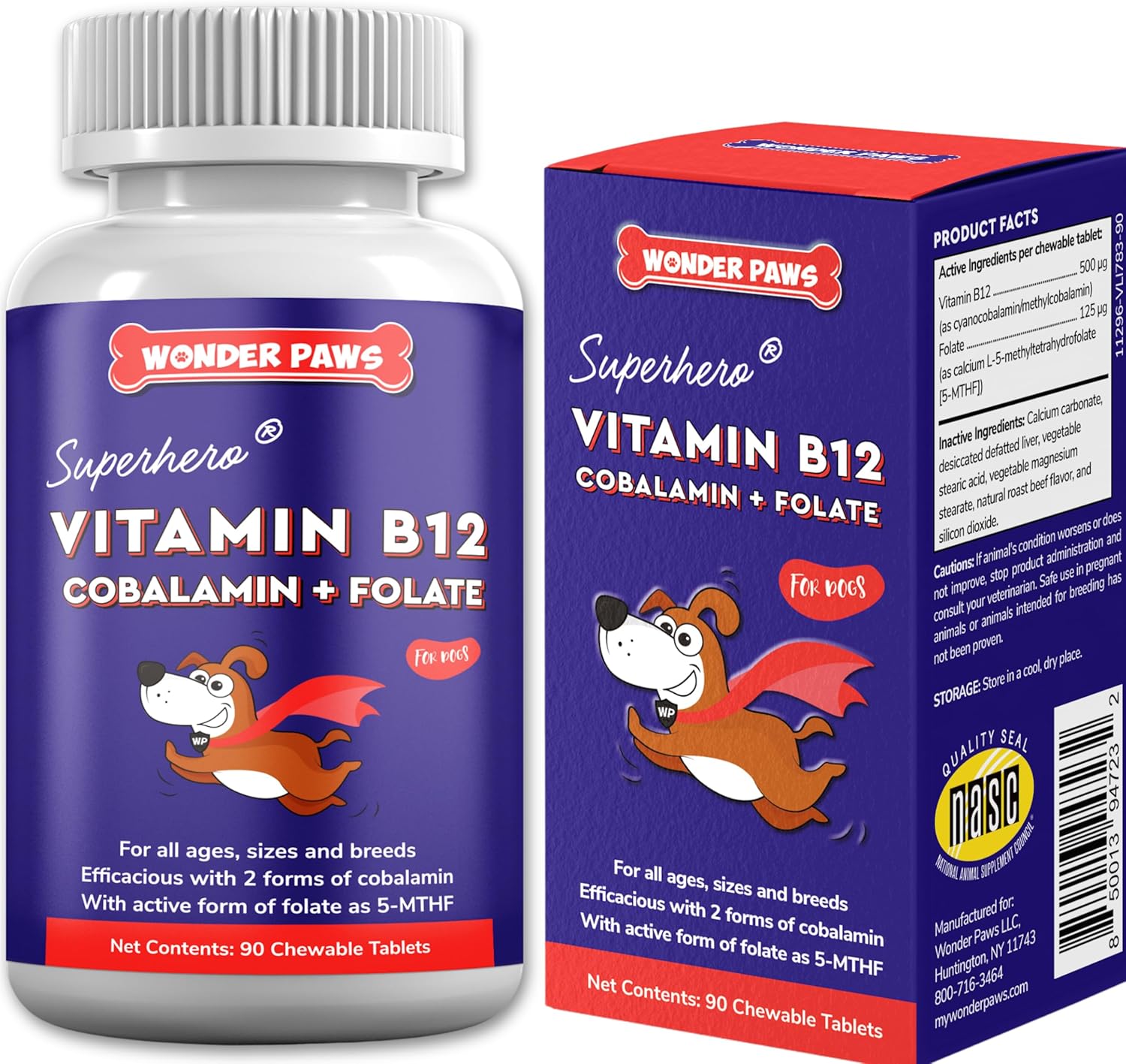 Beef Flavored Wonder Paws B12 Chewables for Dogs - Superior Methylcobalamin & Folate Supplement for Dogs of All Sizes & Breeds - 90 Count
