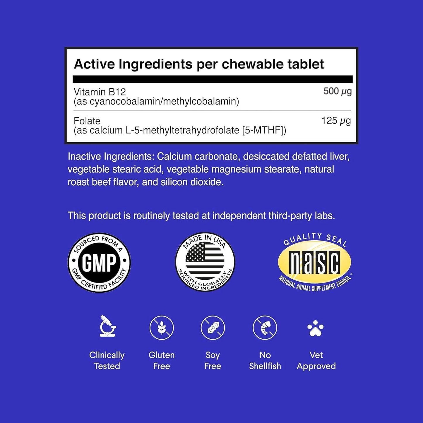 Beef Flavored Wonder Paws B12 Chewables for Dogs - Superior Methylcobalamin & Folate Supplement for Dogs of All Sizes & Breeds - 90 Count