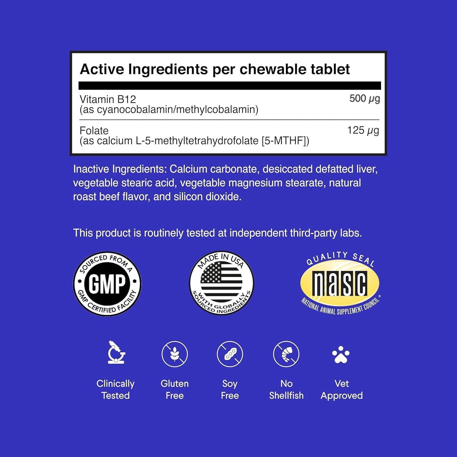 Beef Flavored Wonder Paws B12 Chewables for Dogs - Superior Methylcobalamin & Folate Supplement for Dogs of All Sizes & Breeds - 90 Count