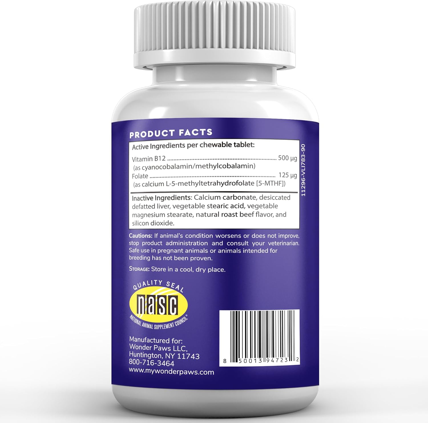 Beef Flavored Wonder Paws B12 Chewables for Dogs - Superior Methylcobalamin & Folate Supplement for Dogs of All Sizes & Breeds - 90 Count