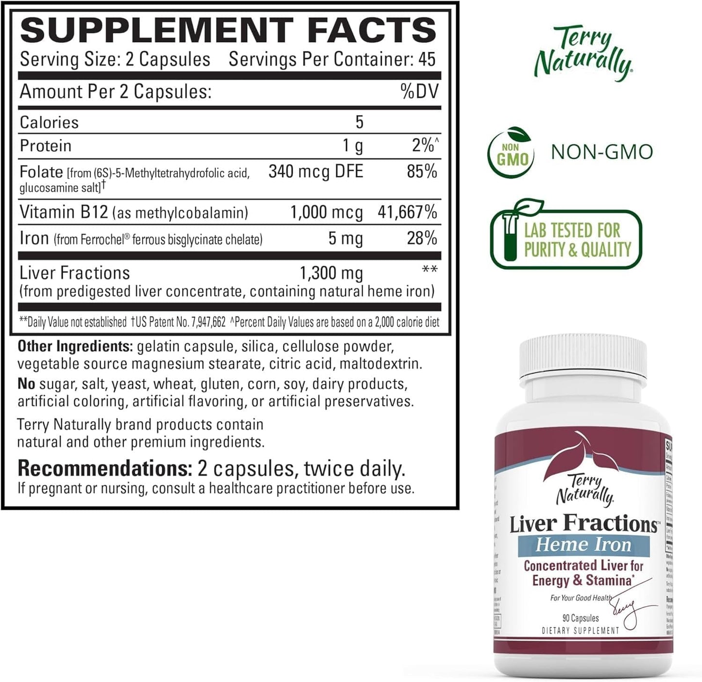 Beef Liver Concentrate Capsules - Natural Source of Heme Iron for Energy & Stamina - Non-GMO Liver Fractions - 90 Caps - 45 Servings