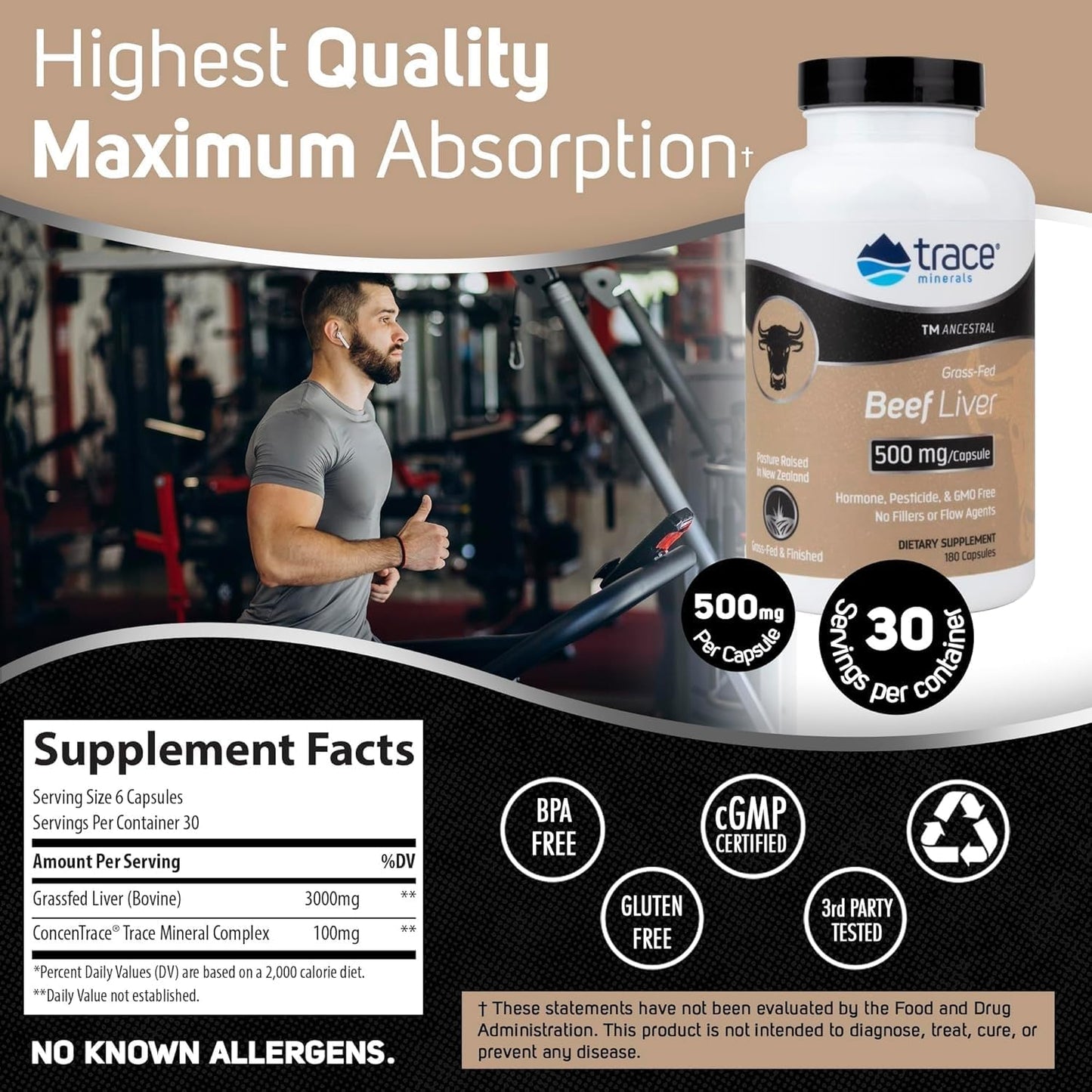 Beef Liver Trace Minerals Supplement for Bone Health, Energy & Immunity - 500mg Capsules - 180 Count - Supports Healthy Skin & Organs