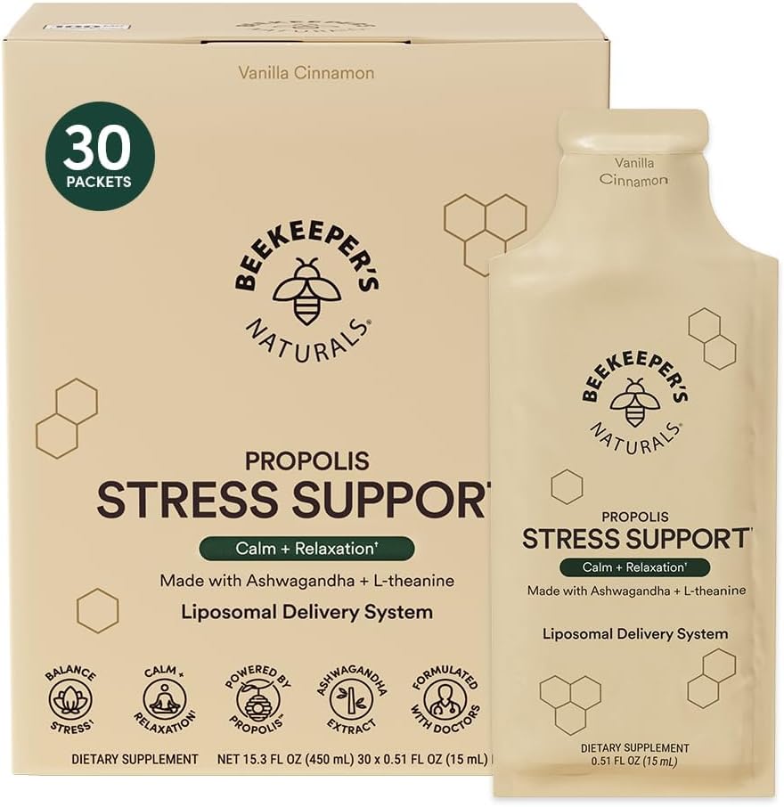 Beekeeper's Naturals Ashwagandha Liposomal Stress Support Capsules with Propolis, L-Theanine - 600mg Formula for Relaxation - 30 Count