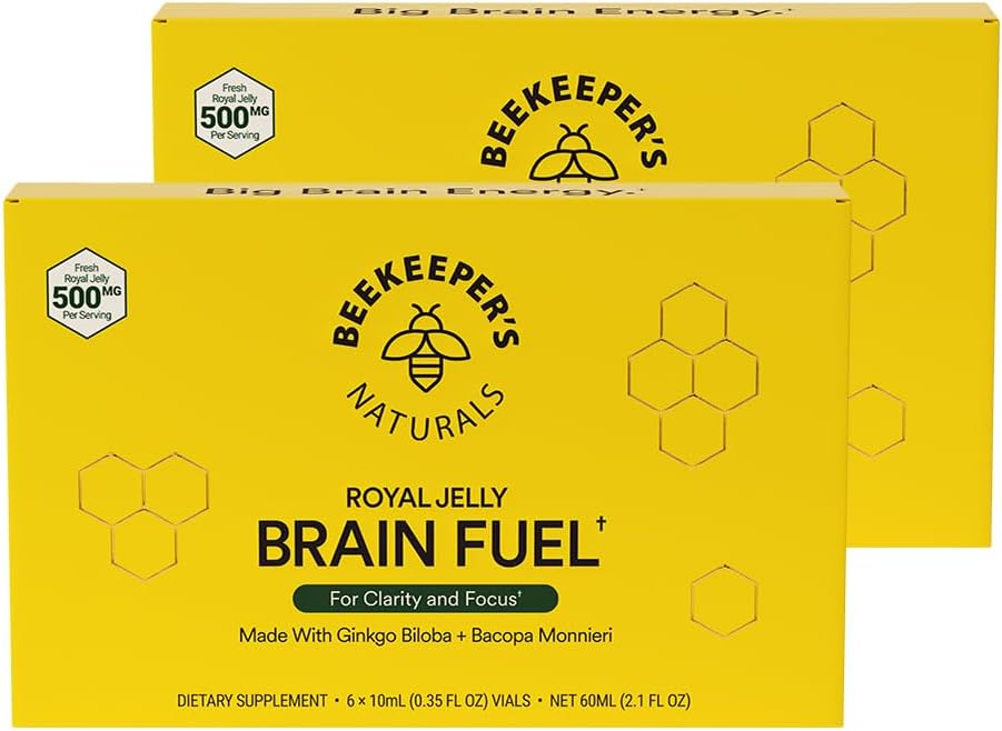 Beekeeper's Naturals B.LXR Brain Fuel Liquid Formula - Memory, Focus, Clarity Support with Royal Jelly, Ginkgo Biloba, Bacopa Monnieri - Keto Friendly, Gluten & Caffeine-Free - 6 ct (2 Pack)